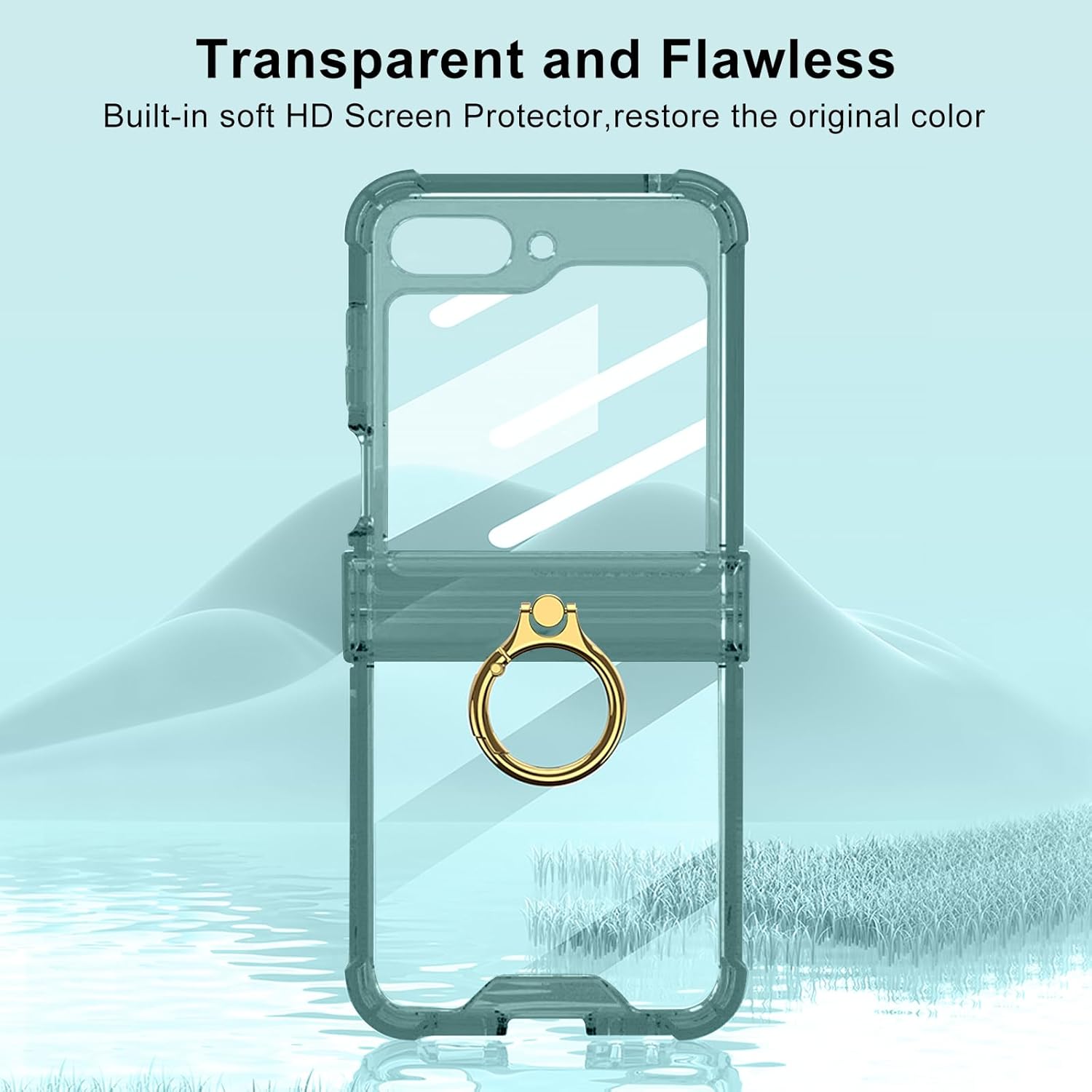 for Samsung Galaxy Z Flip 6 Clear Case Luxury Hinge Protection with Ring Holder & Screen Protector Soft All-Inclusive Shockproof Cover (Green)