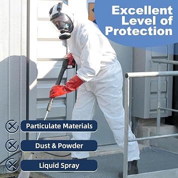 ETERNA Hazmat Suits- 5 Pack Disposable Protective Coveralls with Hood, Zipper, Elastic Wrists, Shoe Covers for Men & Women, Shield from Dirt, Dust, Paint (White, Large)