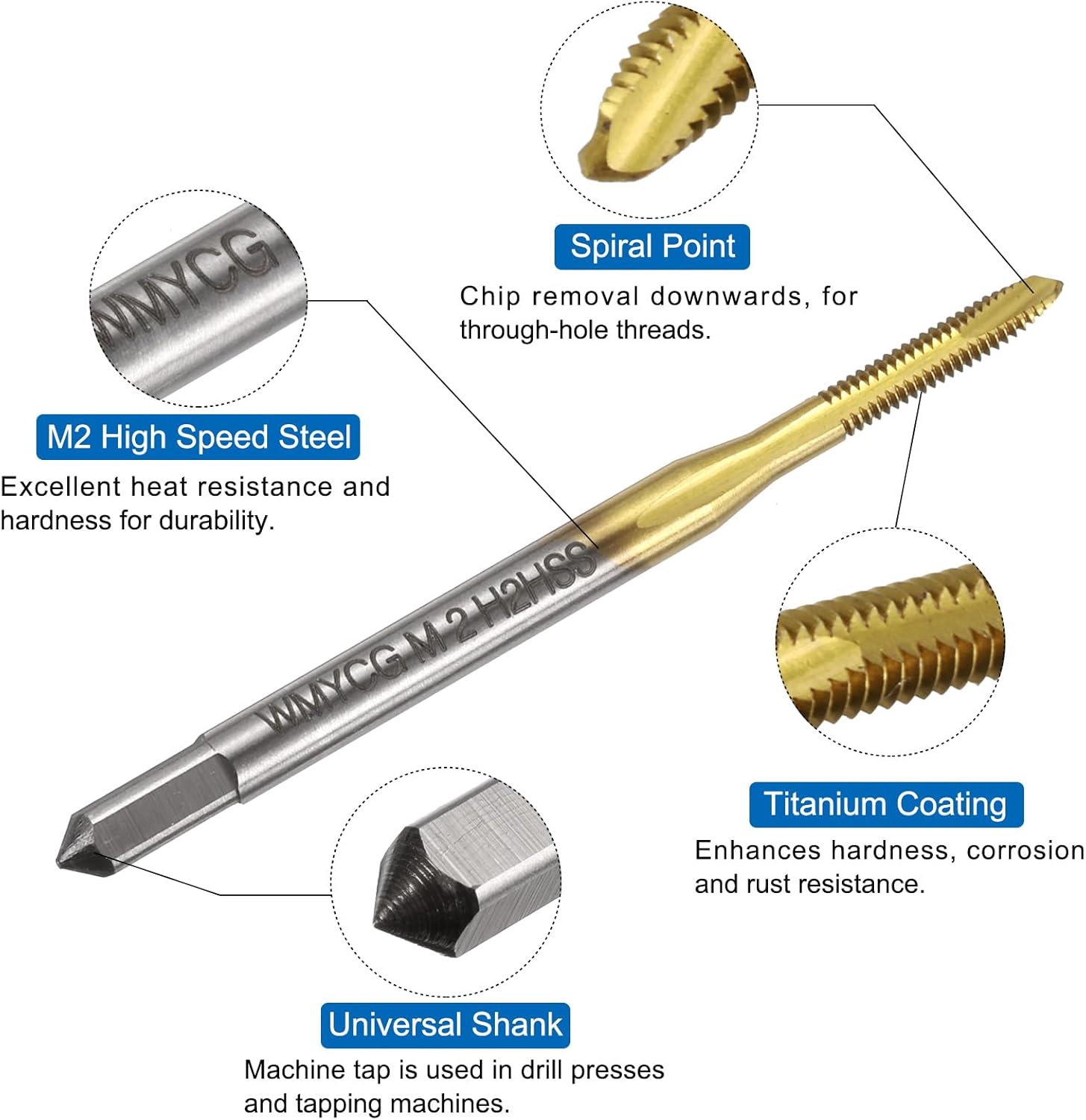 uxcell Metric Tap & Drill Bit Set, 2pcs M2 x 0.4 Spiral Point Thread Taps Titanium Coated and 2pcs 1.6mm Twist Drill Bits Roasted Yellow, Screw Tapping Threading Tools M2 x 0.4 + 1.6mm image 2 of 6 B0D6BXFGH7