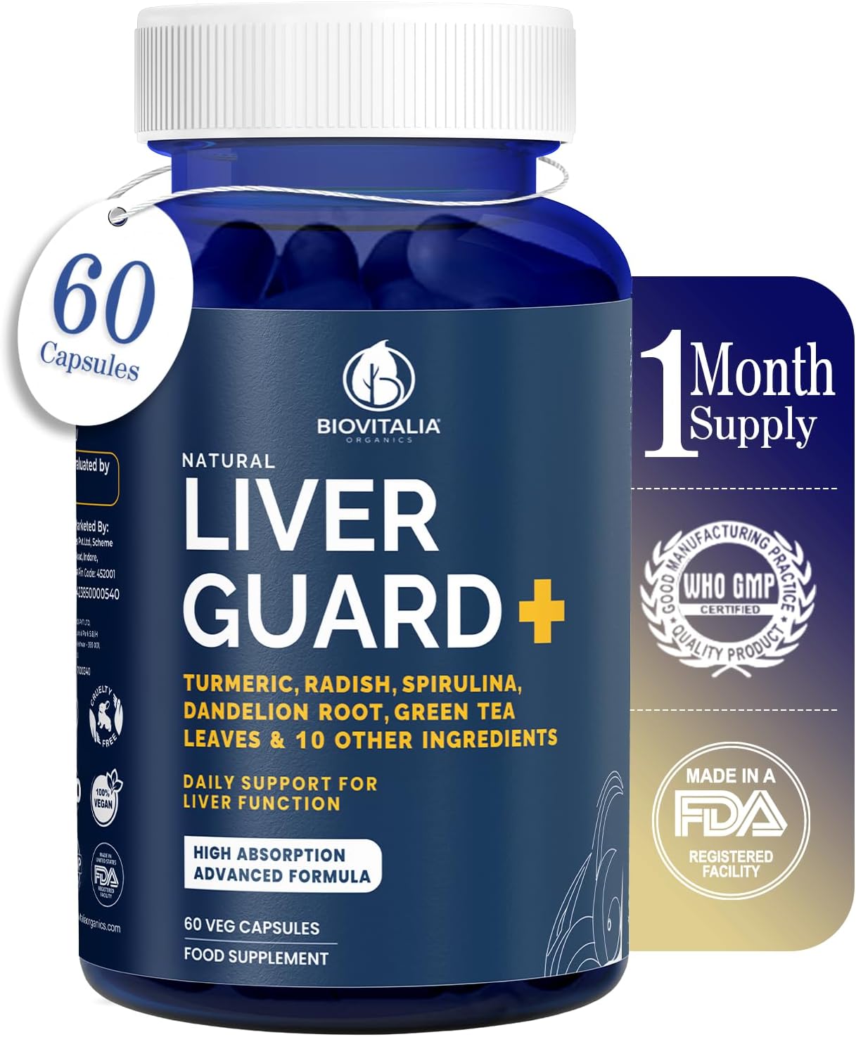 Biovitalia Liver Guard+ Capsules – High Potency Turmeric & Dandelion Root Herbal Supplement – Vegan Liver Support Formula with Flavonoids – 60 Capsules – Non-GMO & Gluten Free