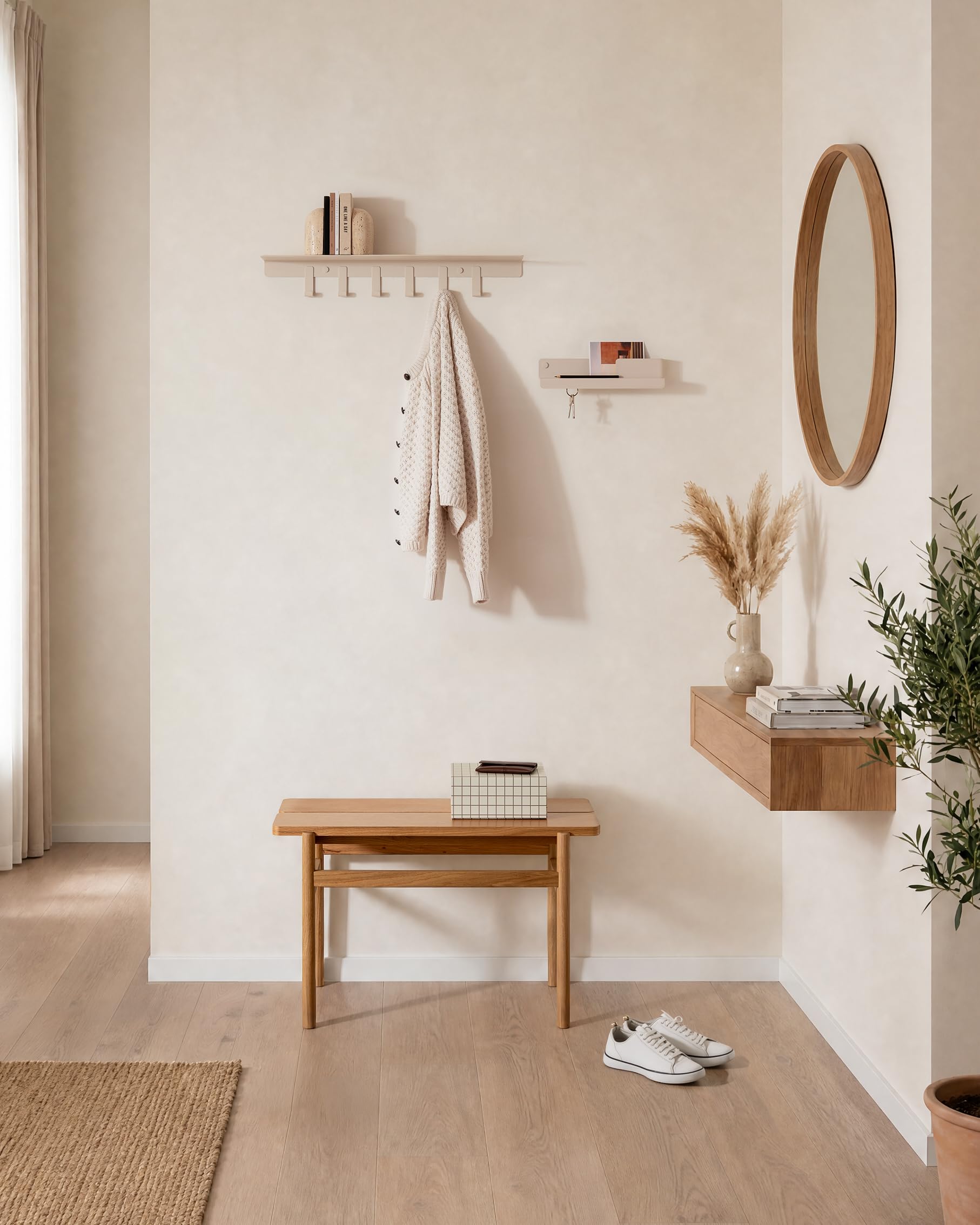 Kazai. Porte manteau mural 'Holmsen' | Crochet mural avec étagère design moderne | Patère murale en métal | Porte-manteau pour entrée | Sable Taupe