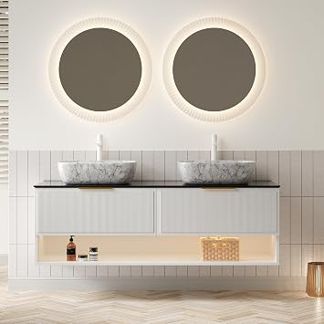 60" Floating Bathroom Vanity with Double Sink, Modern Storage Cabinet, 2 Large Drawers and Shelf, Sensor Light, Marble Pattern Ceramic Basin, Black Sintered Stone Top, Pre-Assembled, White