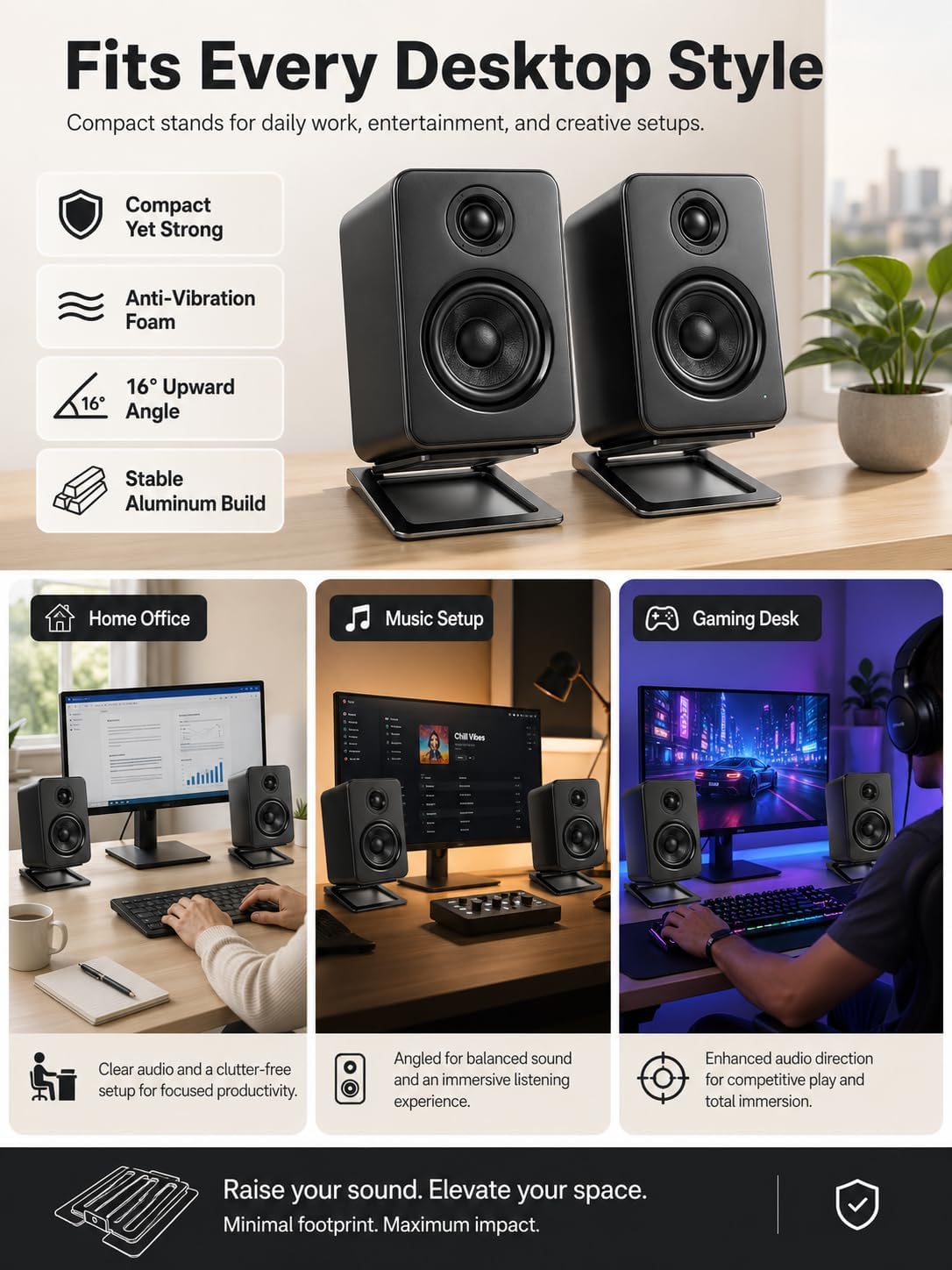 U-Z2 【2PACK】 Desktop Speaker Stands Pair for Small Speakers, Tilted Steel Tabletop Stands with Foam Padding, Fits Compact Studio Monitors, Computer Speakers (A/Gray) image 2