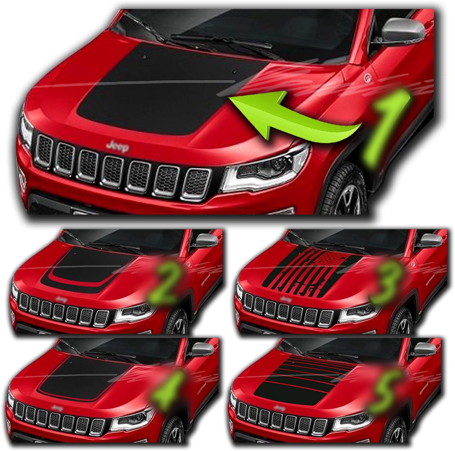 Black or Matte Black Hood Blackout Stripes Decal Graphics Racing Stripes Vinyl Stickers Compatible with Jeep Compass 2014-2023 (Style 4, Gloss Black)