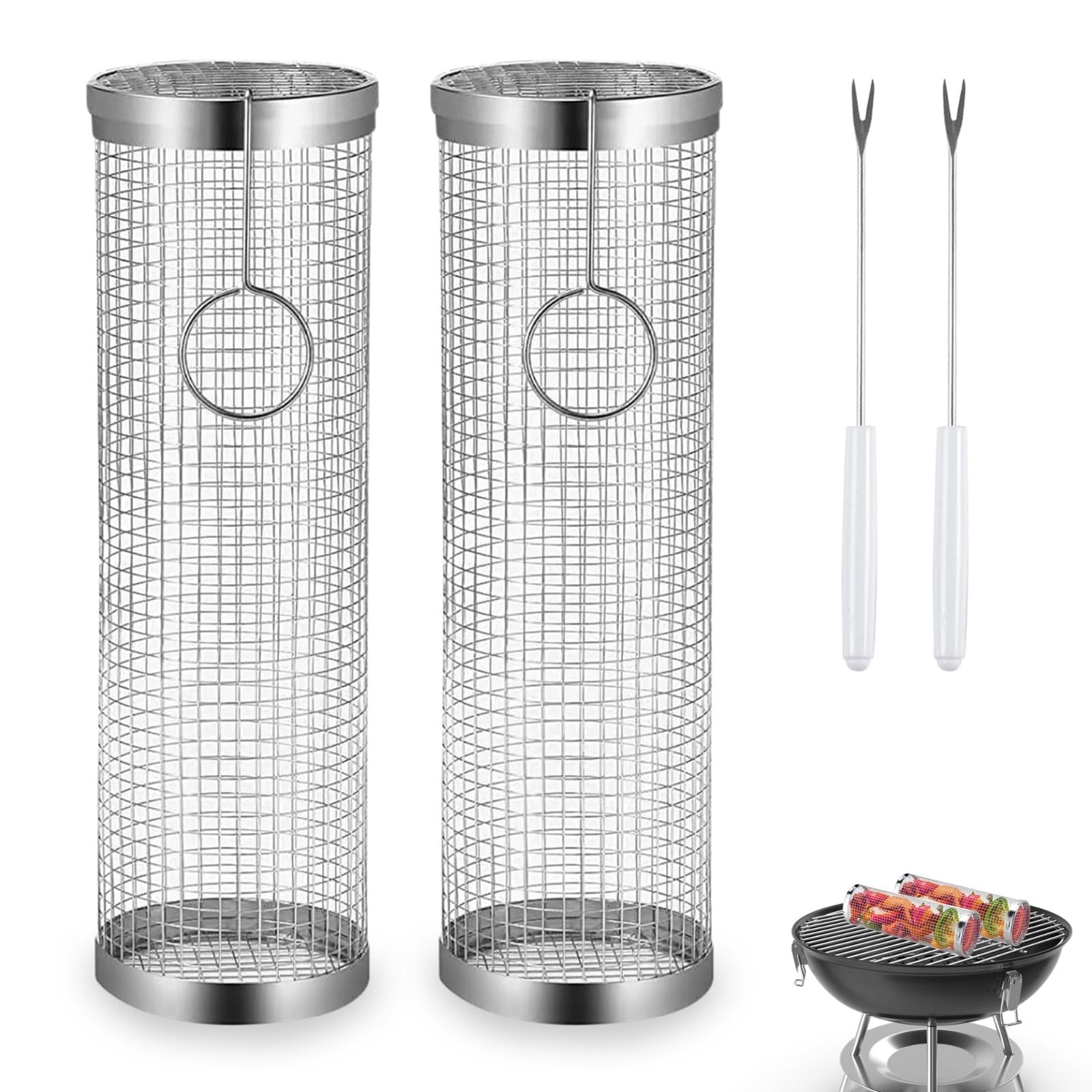 2PCS Rolling Grilling Baskets - Stainless Steel BBQ Net Tube, Portable Outdoor Camping Grill, Round Charcoal Grill Basket for Vegetables, Fries, Fish, Shrimp, Meat - 11.8x3.5x3.5, Ultimate Grilling