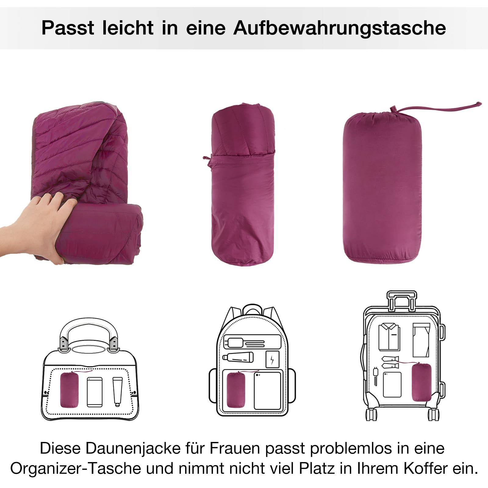 OutPro Daunenjacke Damen Leichte Packbare Übergangsjacke Warme Winterjacke mit Kapuze Outdoor für Frauen Warmes Polythermal-Futter mit Taschen für Freizeit Wandern Reisen