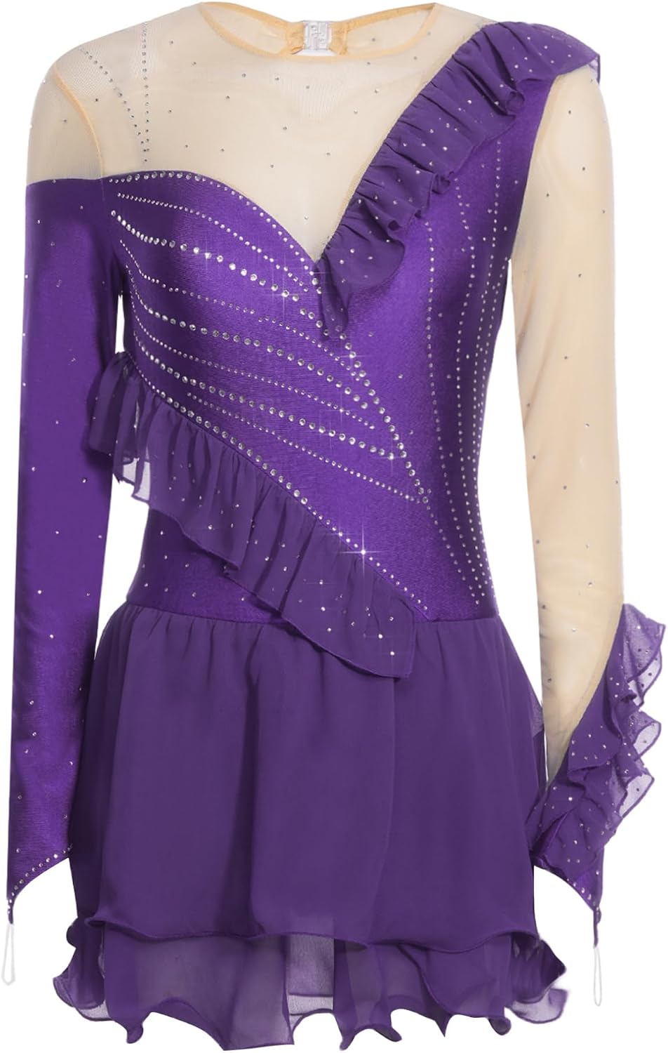 Women Long Sleeved Ruffled Trim Figure Skating Dress Elegant Figure Skating Skirt Competition Costumes