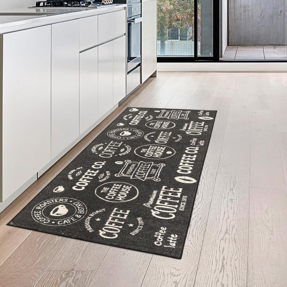 Teppich-Traum Tappeto da cucina Coffee nero con fondo in gel e scritte in bianco Dimensione 80x150 cm