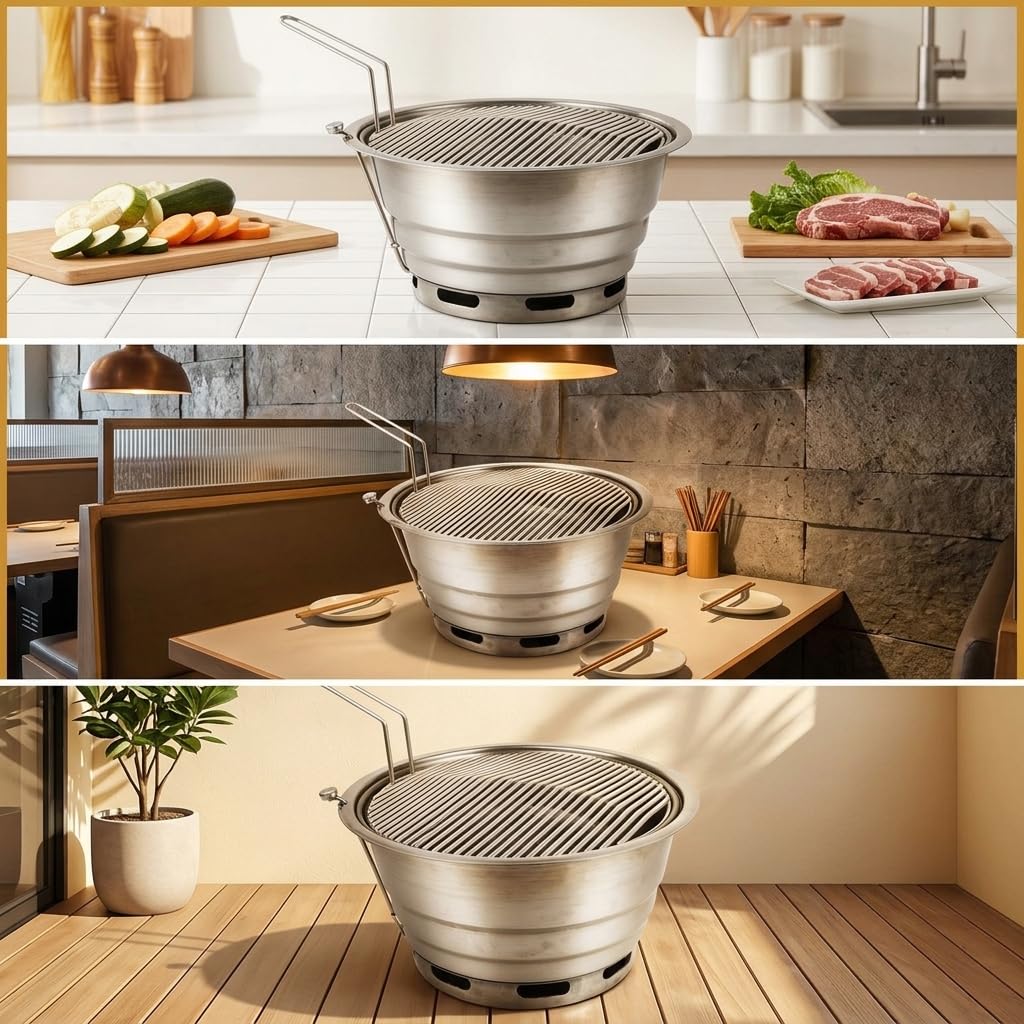 e Charbon Encastrable, Portable pour 3-5 Personnes, Grille e Coréen en Acier Inoxydable, avec Poêle à Griller