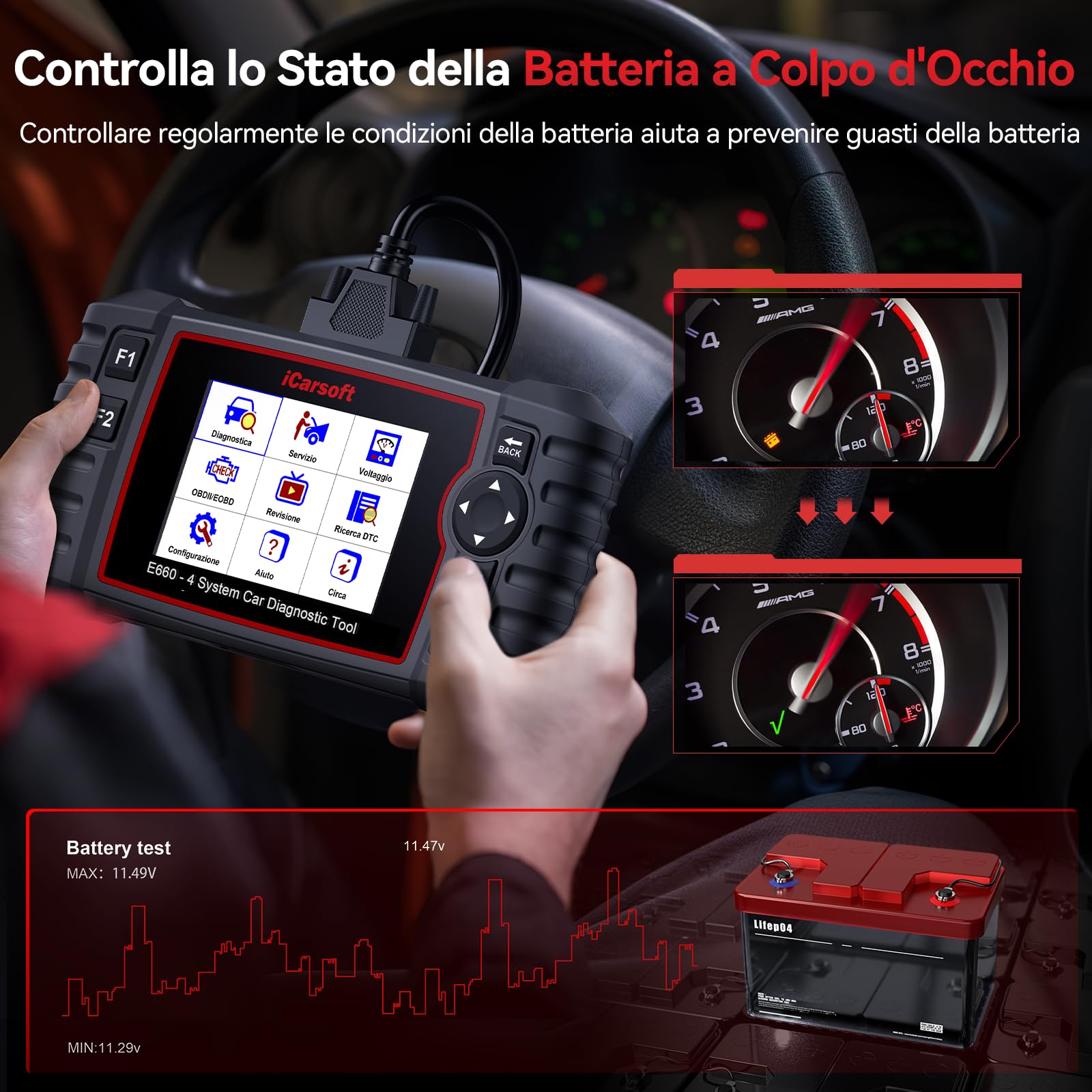 iCarsoft E660 OBD2 Auto Diagnostica, Diagnosi Auto Professionale in Italiano, Sistema Motore/ABS/SRS/Trasmissione, 6 Funzioni di Ripristino, Reset Olio/EPB/BMS/ETC/SAS/TPMS, Aggiornamento a Vita