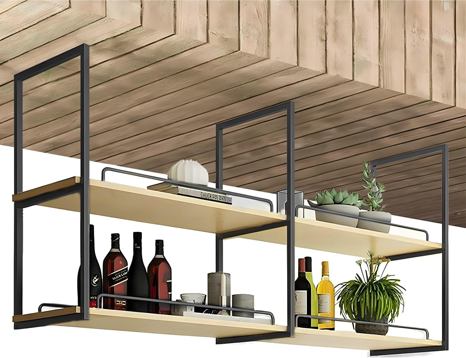 Ceiling Shelf, 2 Layer Hanging Wine Rack Plant Stand Kitchen Pot Pan Storage Shelving, Wall Mounted Decorative Display Organizer Shelves - Black - Modern Decor (Size : 80x30x80cm)