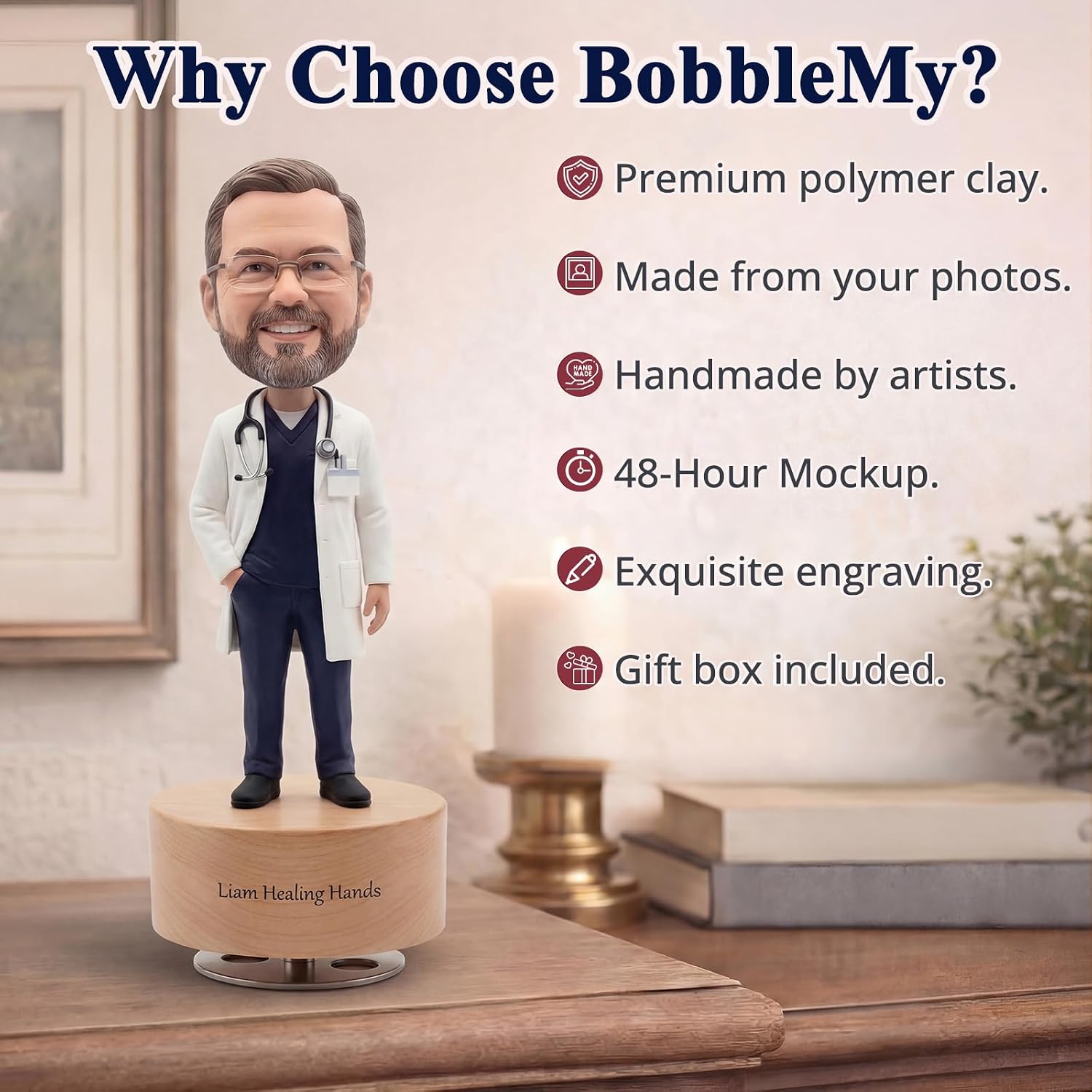 Custom Bobblehead from Photo, Personalized Doctor Customized Figure Dolls with Music Box Base, Handmade Gift for Men, Dad, Husband, Graduation, Birthday or Office Desk Decor
