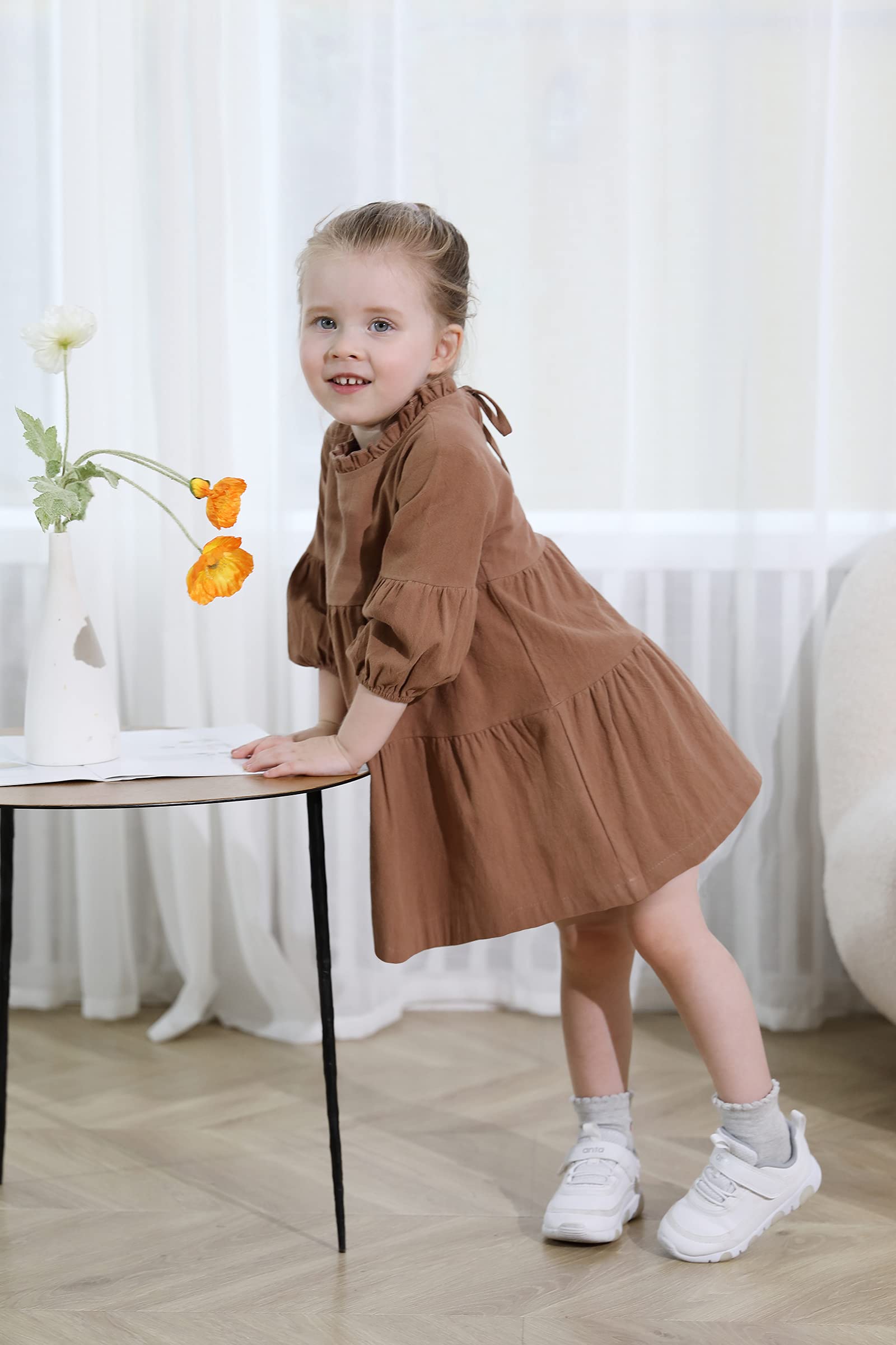 Toddler Kids Baby Girl Dress Lantern Long Sleeve Solid Color Casual Dresses Girls Fall Winter Outfit Clothes