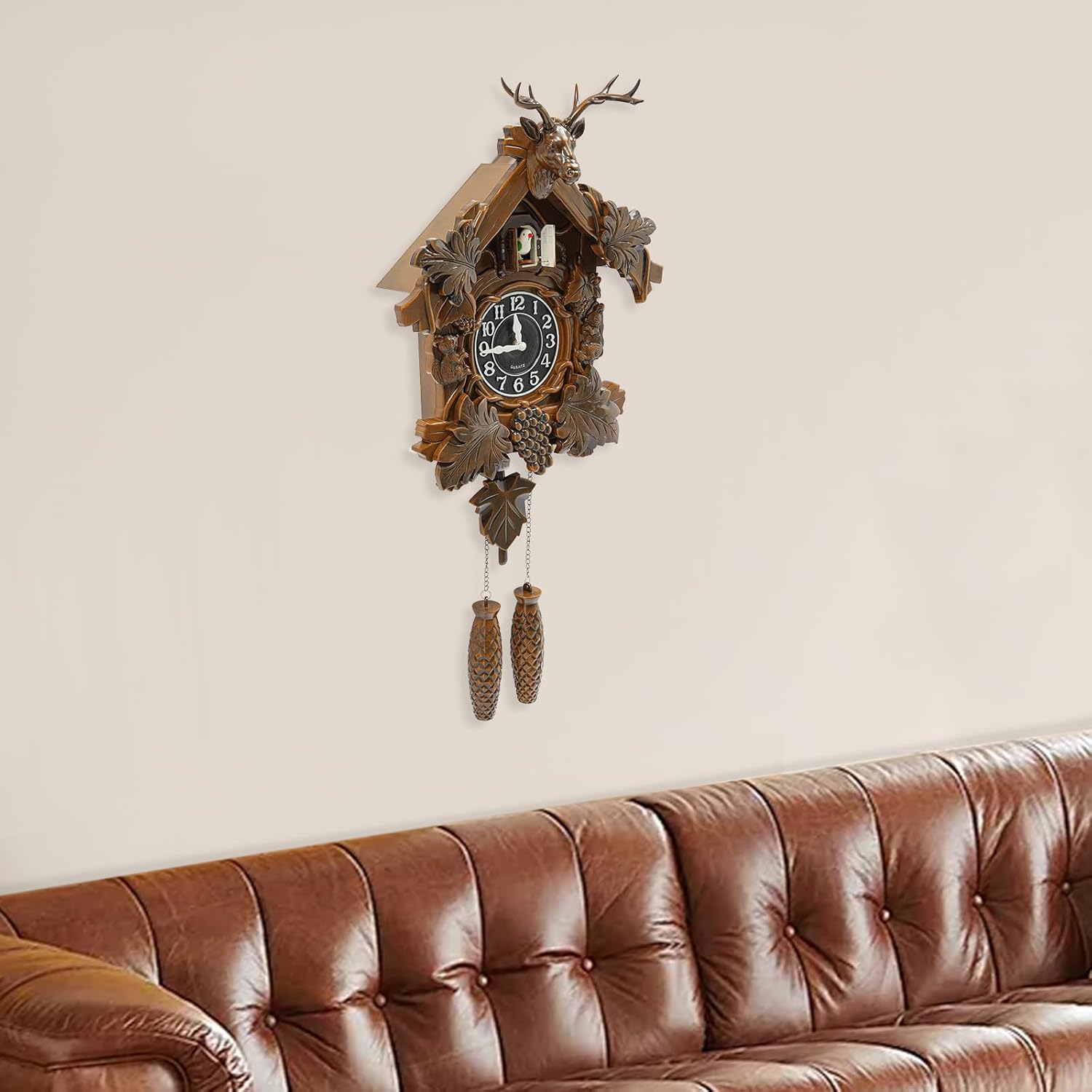 Retro Large Wall Clock, Deer Head Home Decoration Clock Vintage Grandfather Clock Report The Time from 6am-9pm, Manual KooKoo Coco Clocks for Wall with Bird Gifts for Family (Vintage Brown)