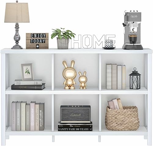 Miniatura 7 de FATORRI Organizador de almacenamiento de 6 cubos con estante, estantería larga de madera y metal, estantería horizontal industrial (roble blanco, 47