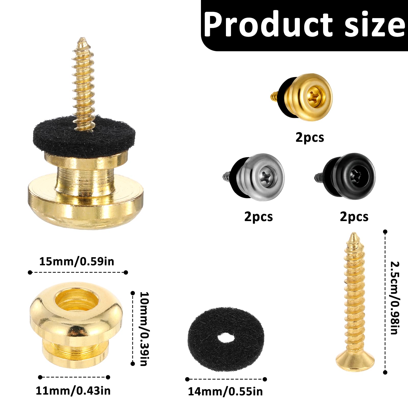 6 Pcs Guitar Strap Button Lock with Mounting Screws, Guitar Strap Peg Locks Metal End Pins Accessories Anti Slipping Music Parts for Acoustic Classical Electric GuitarS Bass Ukulele