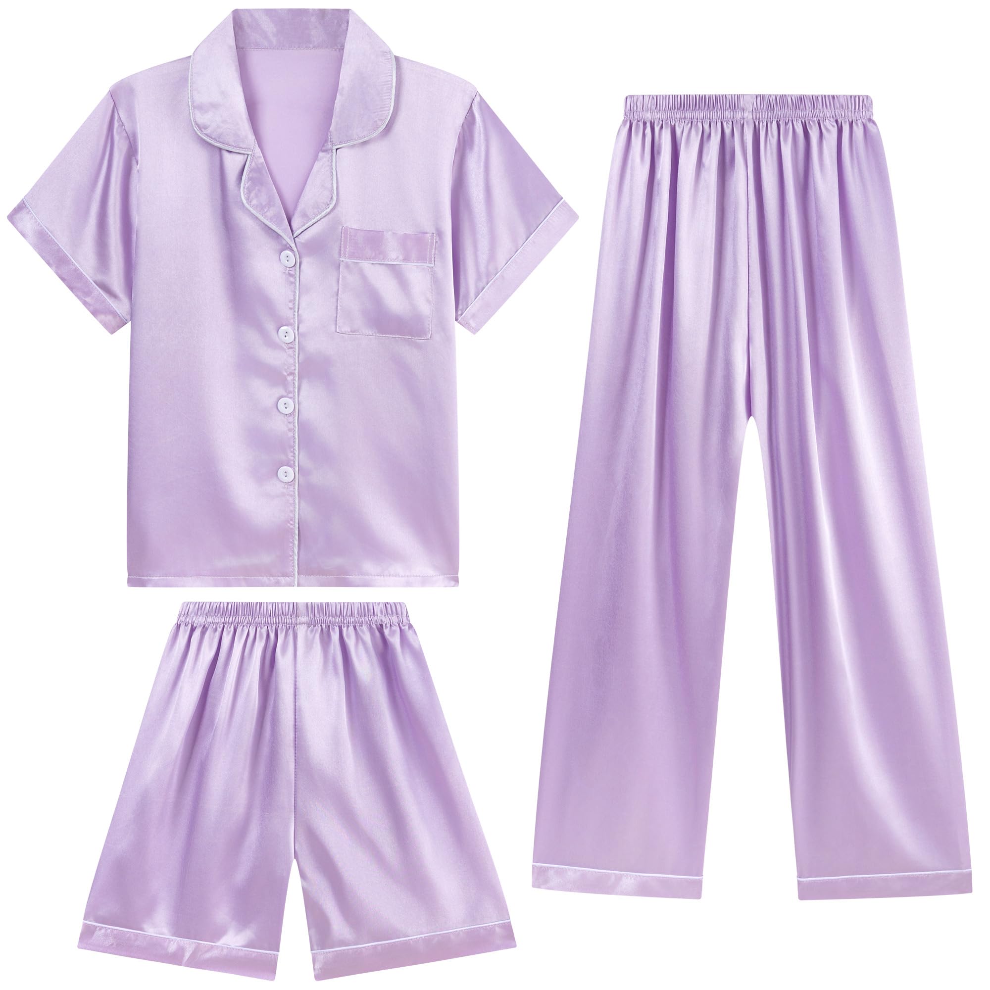 DIPUG 3 Piece Girls Silk Pajamas Set Soft Satin PJs Sleepwear for Comfortable Nights