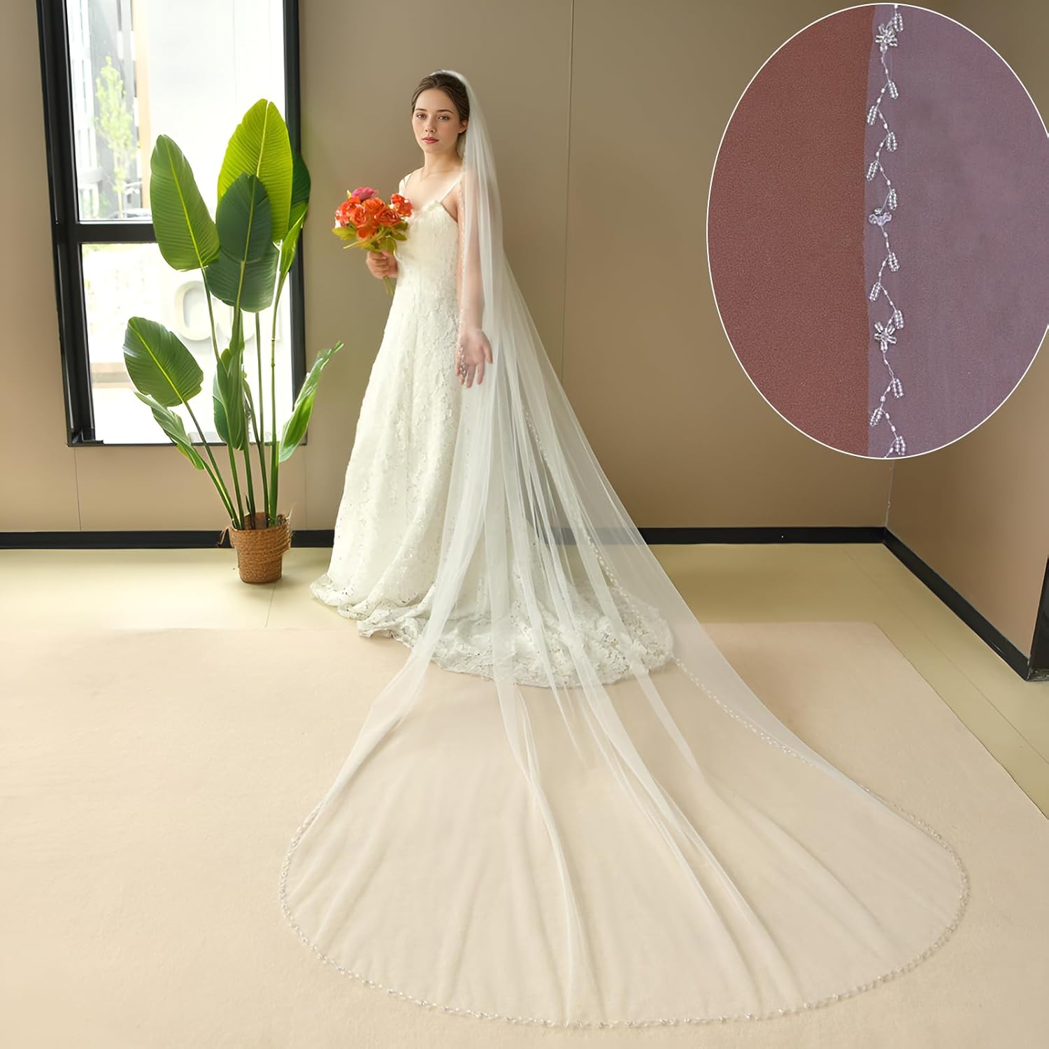 ULAPAN Bridal Veil Wedding Veil with Comb Cut Edge Fingertip 1 Tier Length Beaded Crystal for Brides 39 Inches (Ivory)