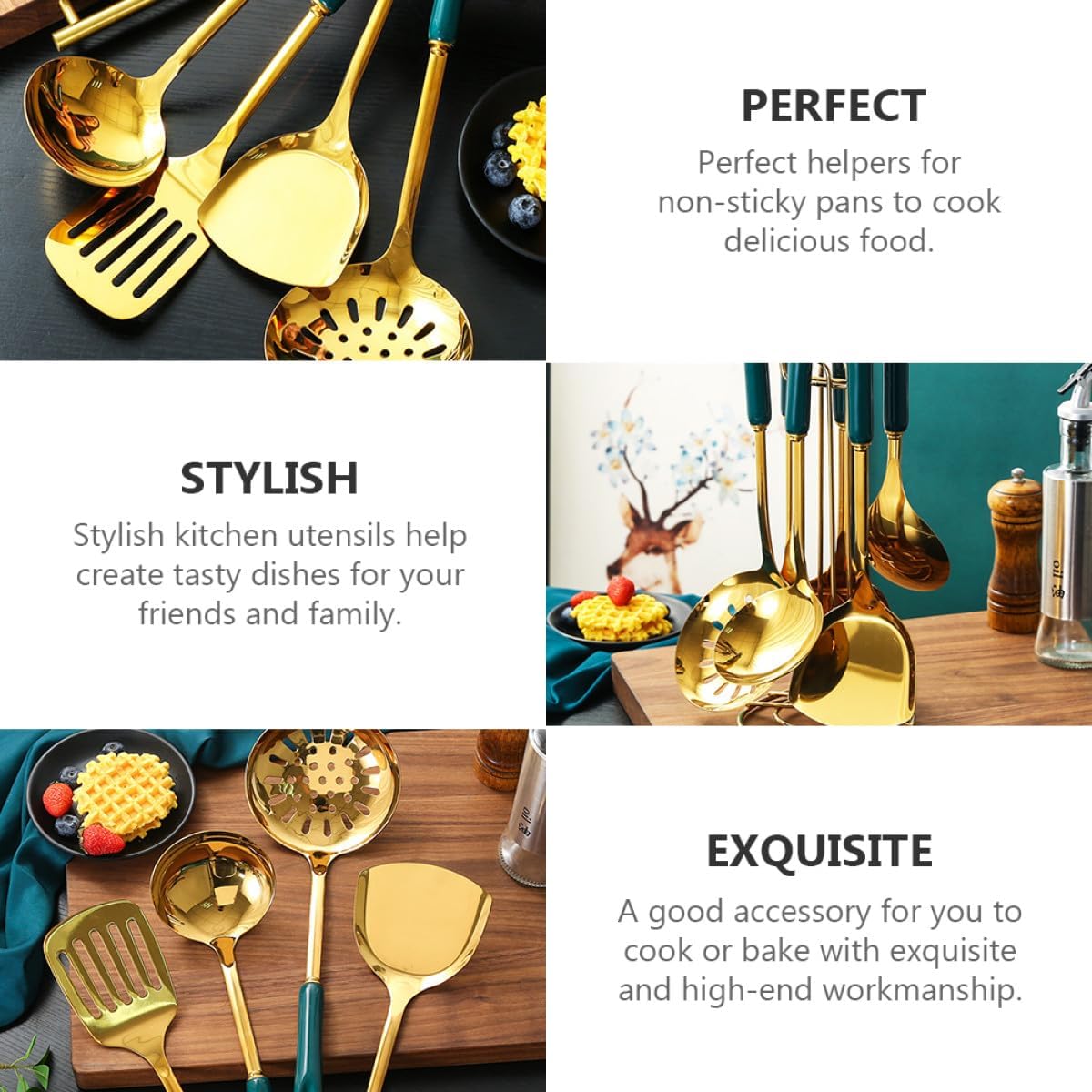 Lurrose Ceramic Handle Stainless Steel Kitchen Utensil Set, 7pcs Heat-resistant Non-stick Cooking Tools for Home Cooking and Stir-frying, Dark Olive and Gold