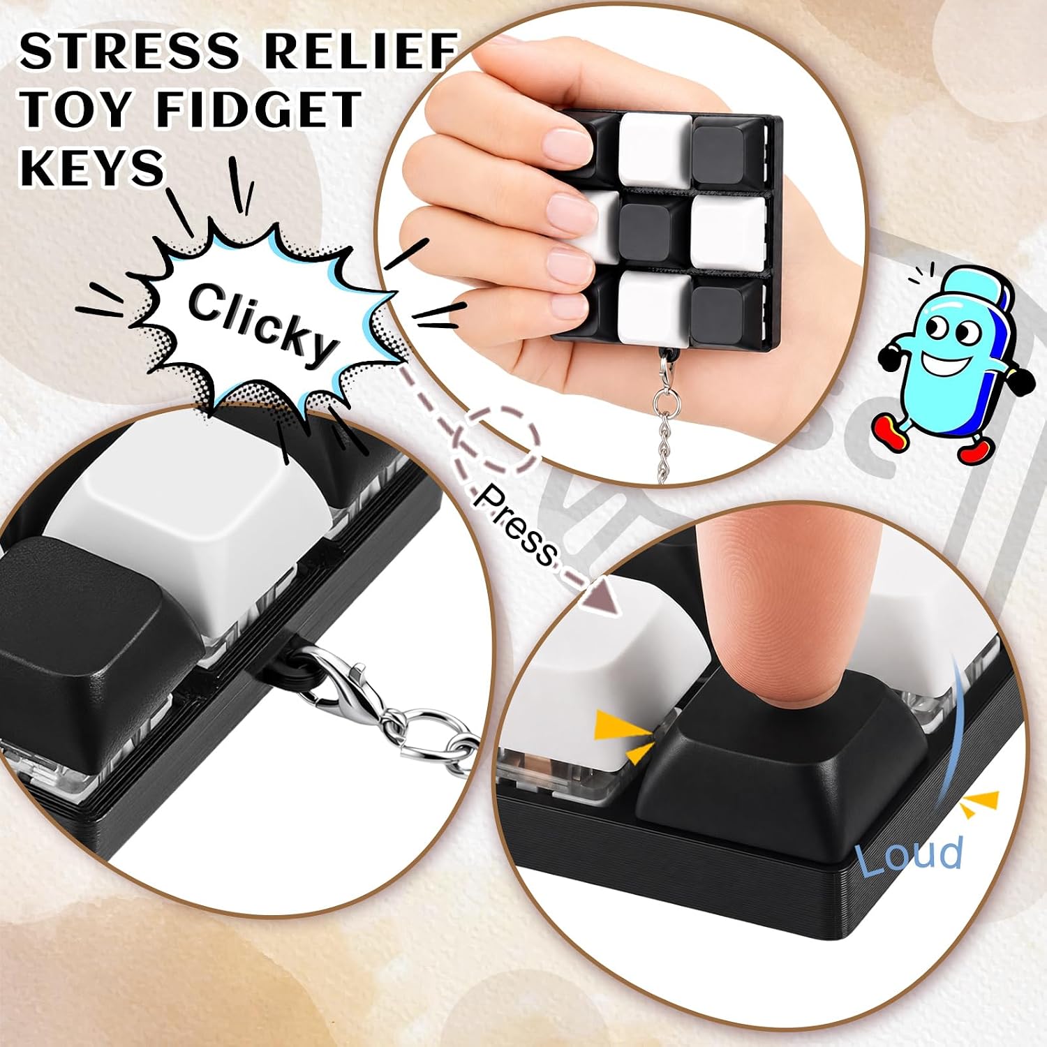 Taiyin 1 Pcs Keyboard Fidget Clicker Keychain Toy,Black White Style image 5