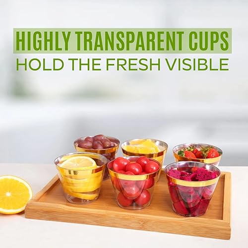 Miniatura 4 de Tobvory Paquete de 100 vasos de plástico dorado  Vasos de plástico transparente duro de 9 onzas vasos desechables de primera calidad para cóctel y