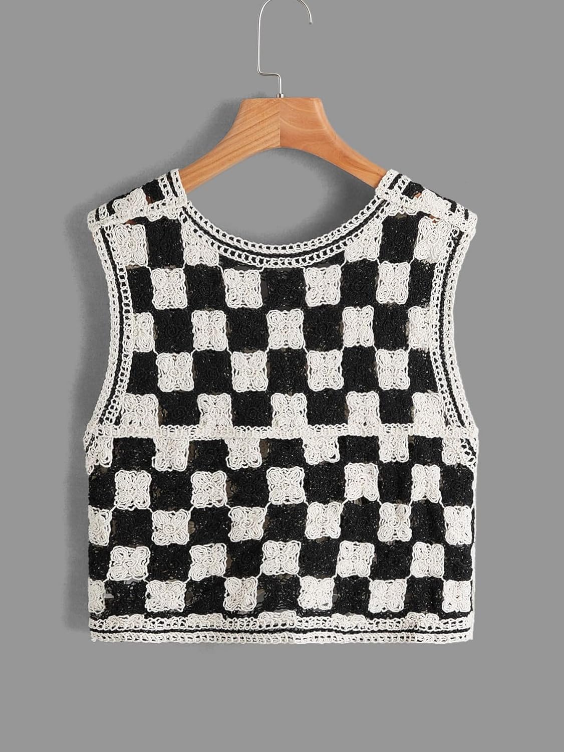 Verdusa Women's Sweater Vest Button Down V Neck Sleeveless Crochet Plaid Checkered Knit Sweater Vest - Image 2