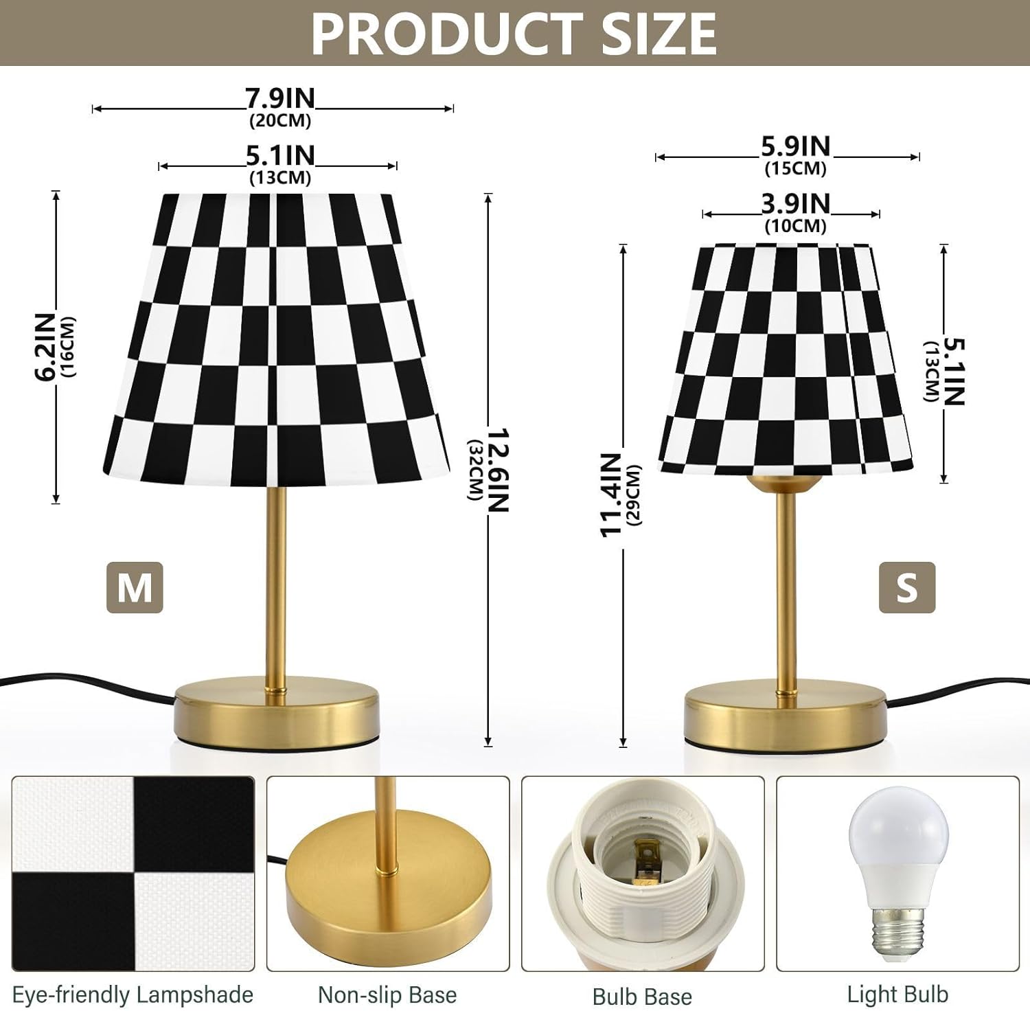 ALAZA Table Lamp Bedside Lamp for Bedroom Black White Checkered Dimmable Light with USB Port Bronze Metal Base for Dining Nightstand, Bulb Included