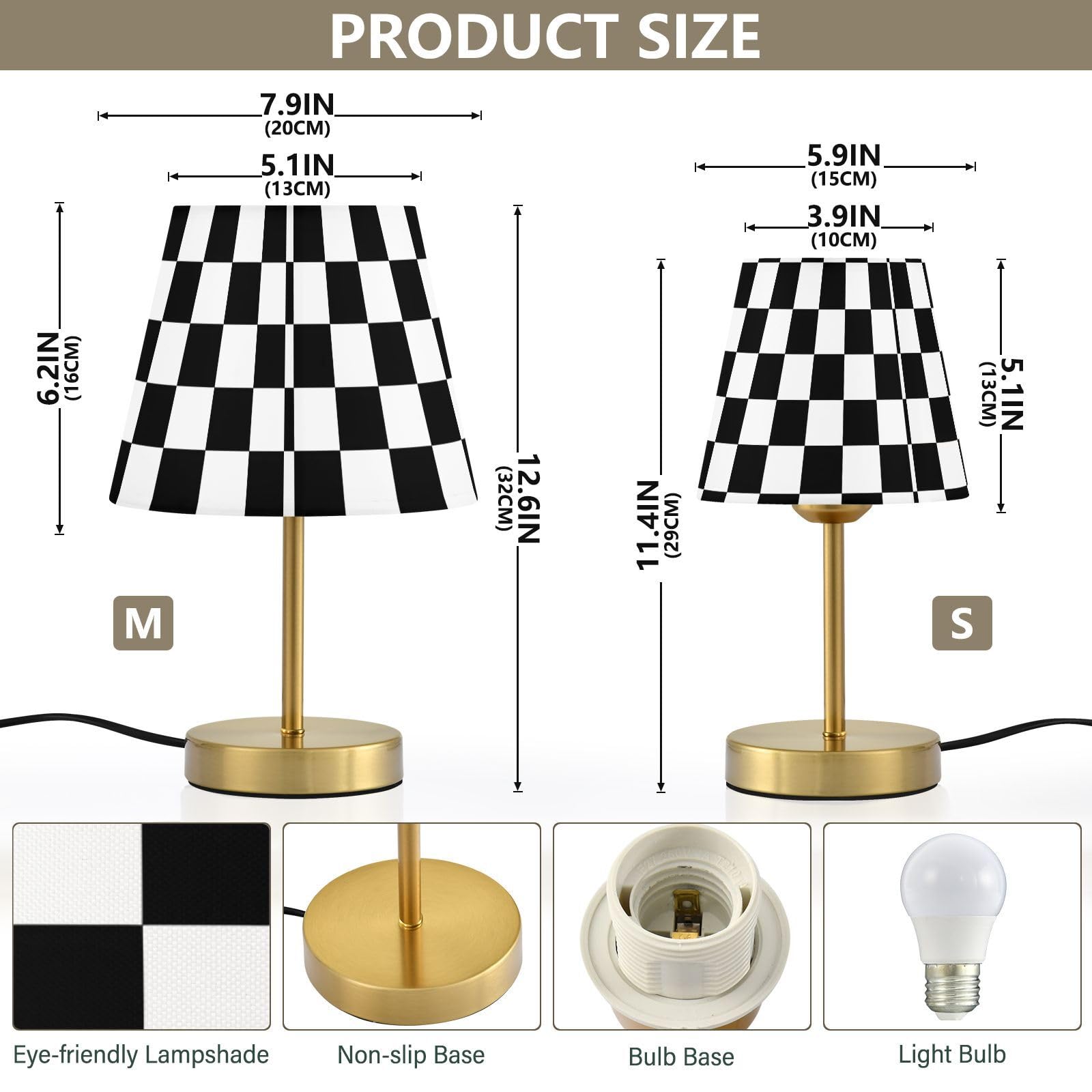 ALAZA Tischlampe für Schlafzimmer Nachttisch Schwarz Weiß Kariert Nachttischlampe mit USB-Anschluss Stoffschirm Dimmbar Schreibtischlampen Bronze Metallsockel Wohnzimmer