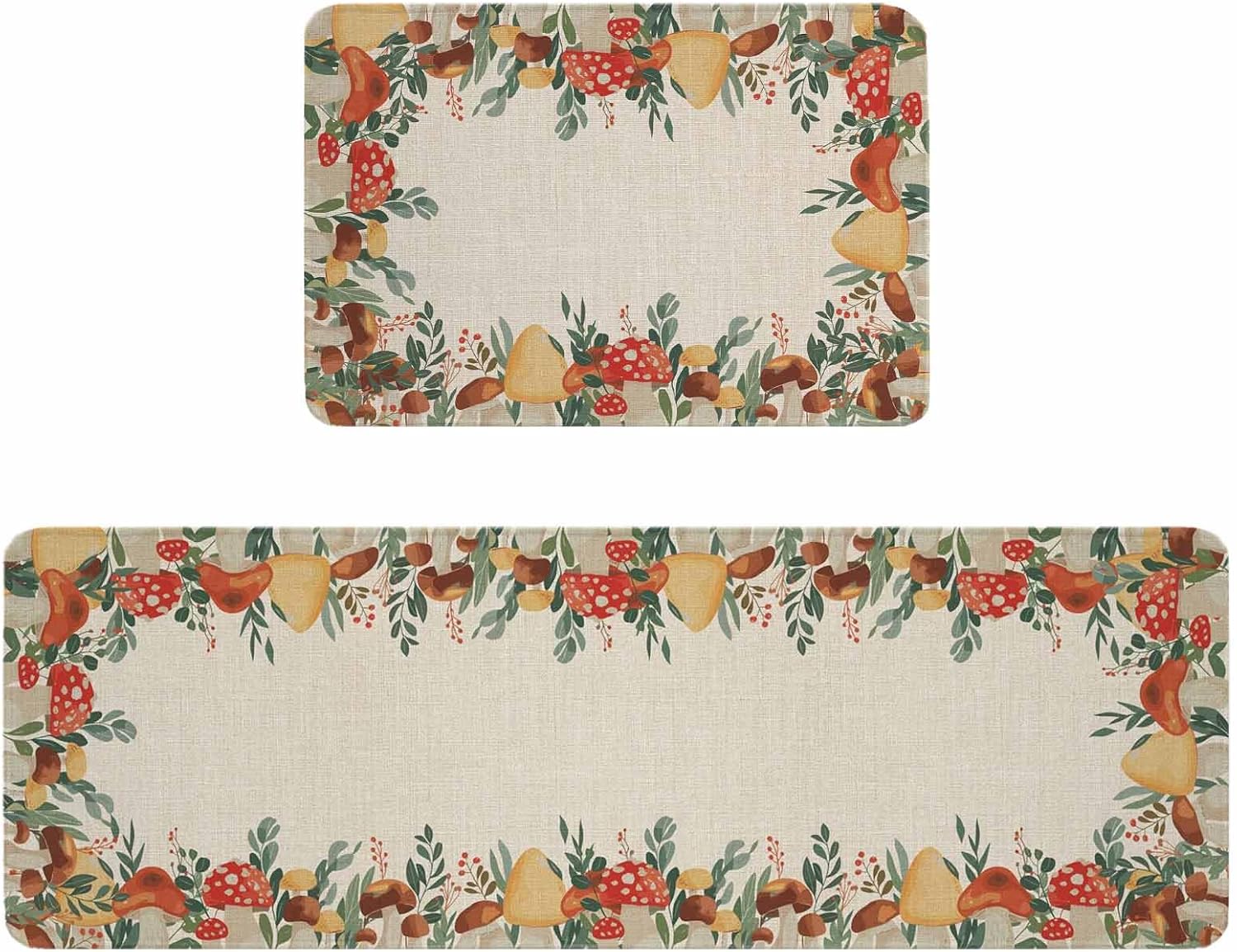 Fall Mushrooms Kitchen Rugs and Mats Set of 2, Non-Slip Kitchen Sink Mat, Autumn Green Eucalyptus Leaves Plants Washable Doormat Bathroom Rugs Runner for Bedroom/Living Room 19.7"x31.5"+19.7"x47.2"