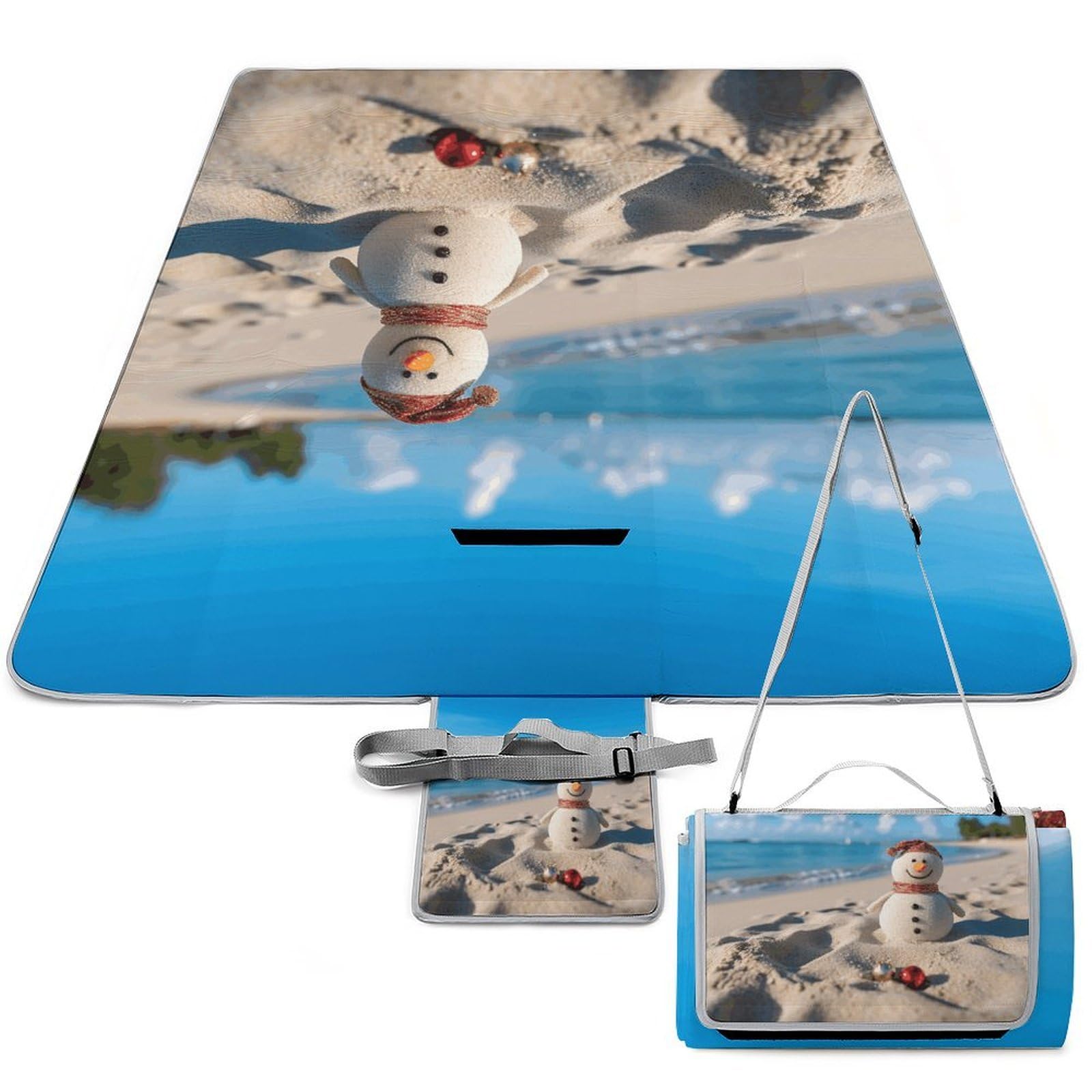 Sand Snowman on Beach Beach Blanket Thickened Foldable Camping Mats Soft Lightweight Beach Pad Square Picnic Blankets with Shoulder Strap for Park Grass Patio Hiking