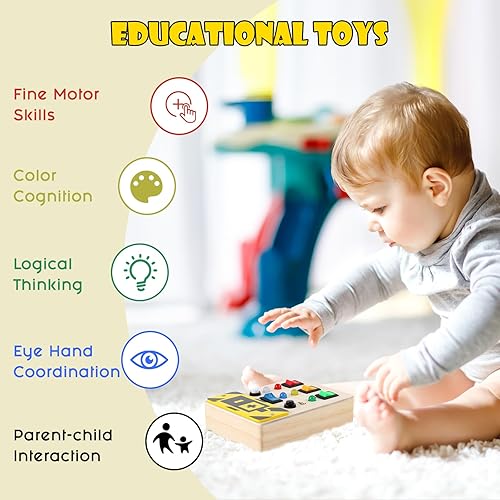 Miniatura 5 de Asweets Montessori - Tabla de actividades para niños pequeños, tablero de madera con interruptores de luz LED, juguetes sensoriales para autismo,