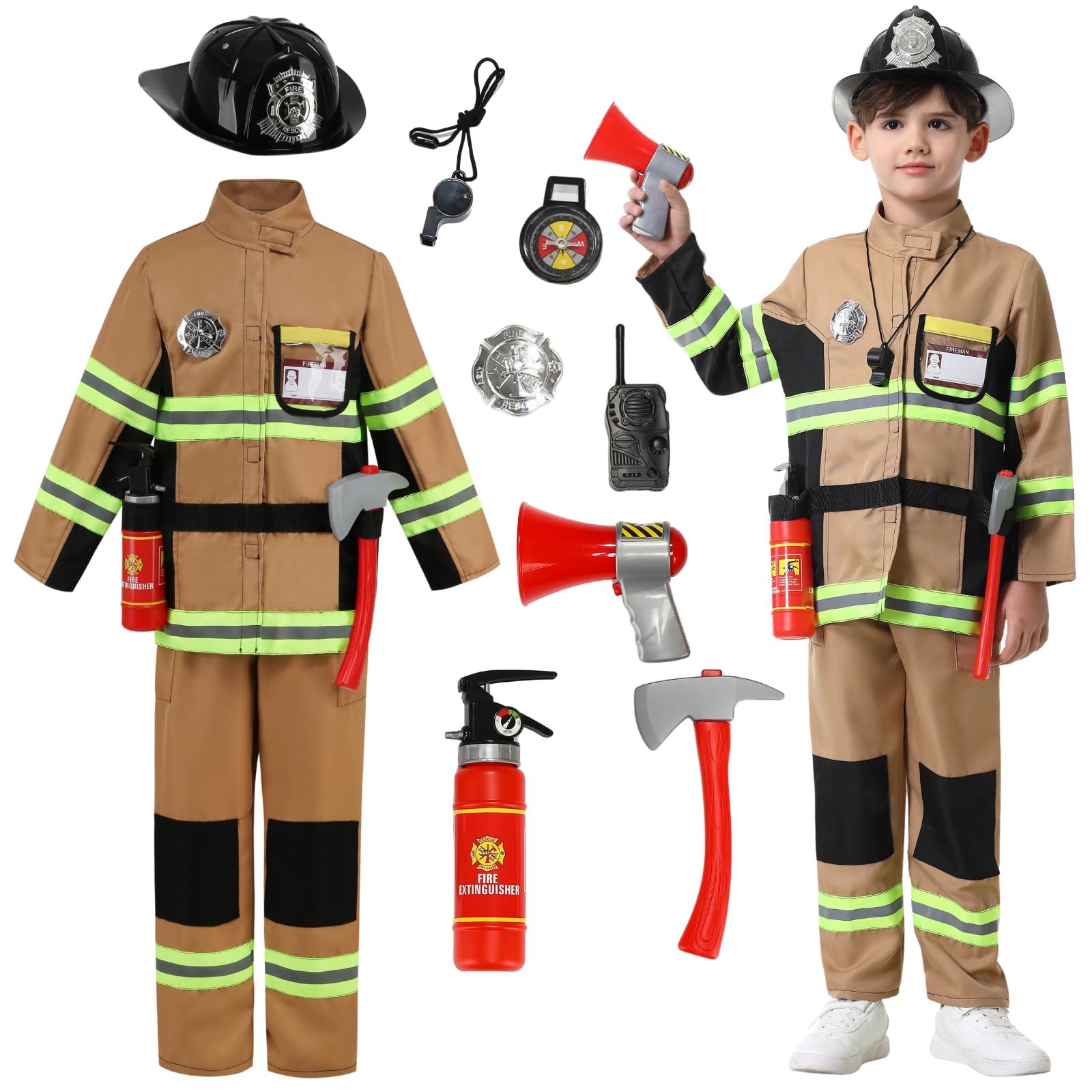 yolsun Fireman Costume for Kids, Boys' and Girls' Firefighter Dress up, Fire Fighter with Toy Accessories Halloween Role Play