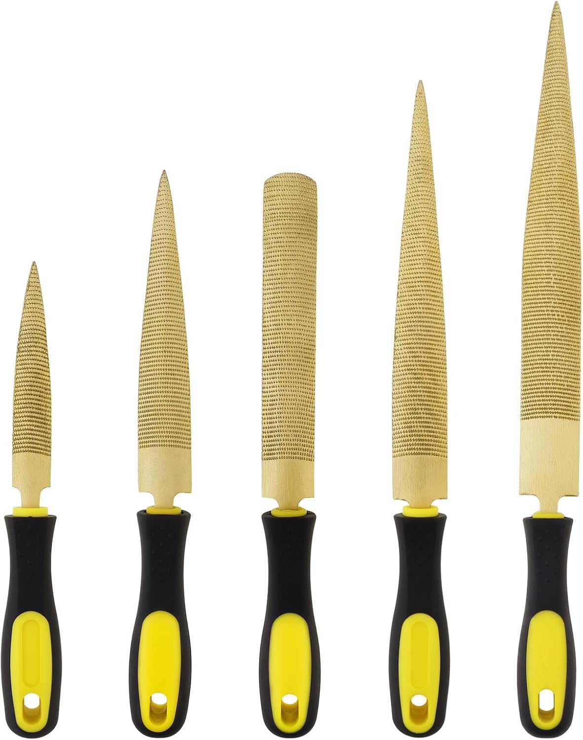 5 PCS High Carbon Steel Golden Wood Rasp, Double Sided Tapered and Half Round Rasp File, 4"-6"-8"-10" for Woodworking/Carving/Sharping with Rubber Handle