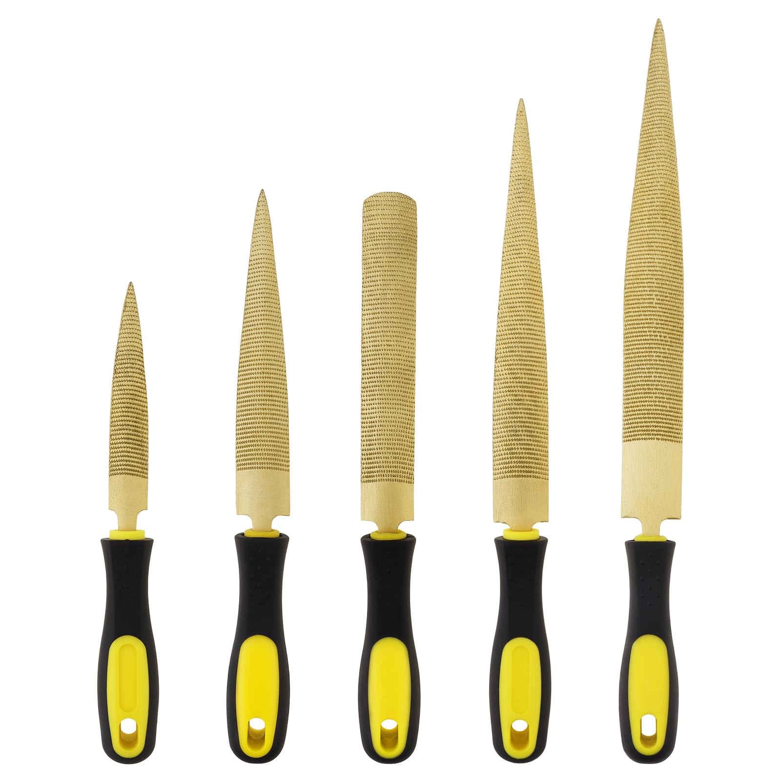 Lot de 5 râpes à bois en acier à haute teneur en carbone doré, double face coniques et demi-rondes, 10,2 - 15,2 - 20,3 - 25,4 cm pour le travail du bois/la sculpture/l'affûtage avec poignée en