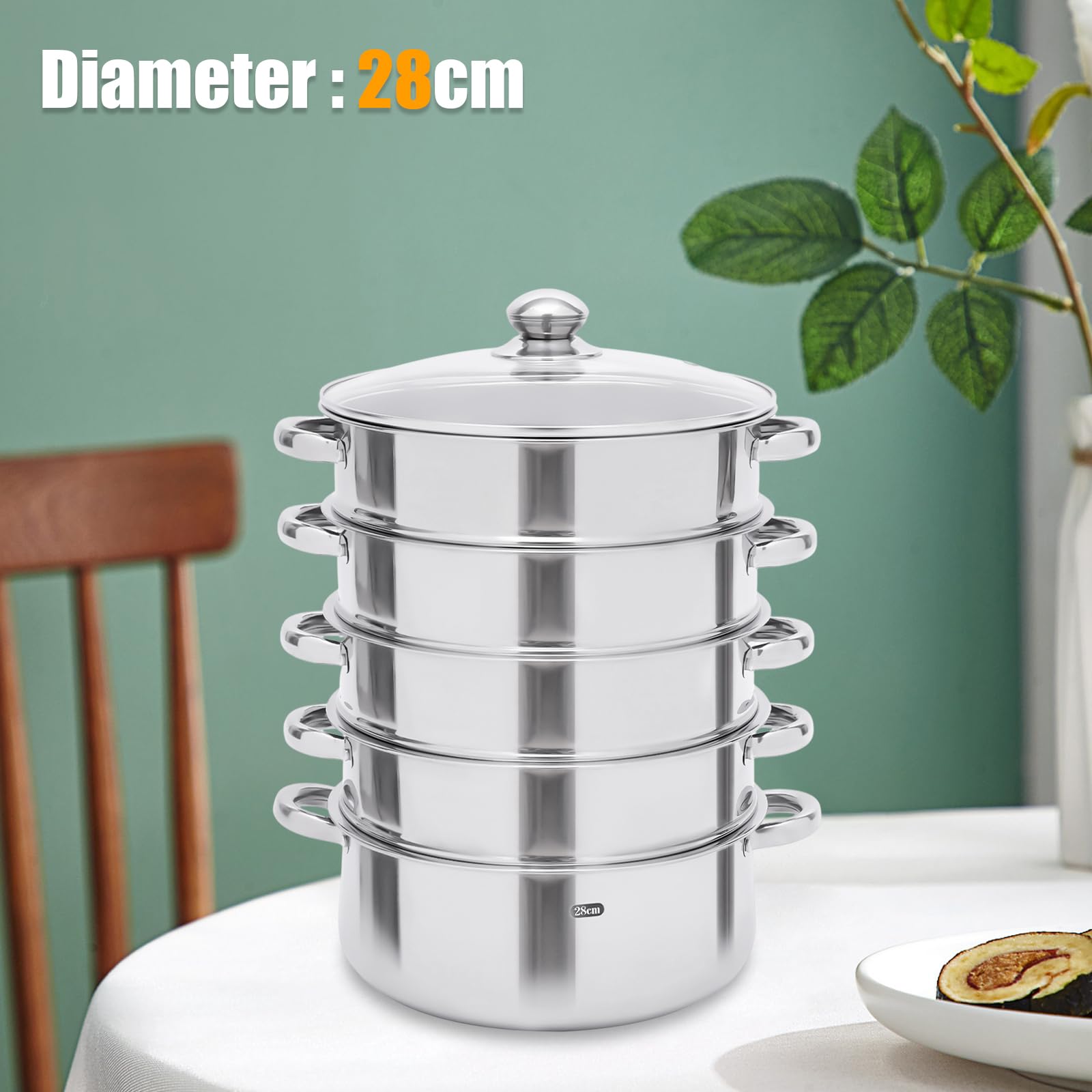 Vaporera de 28 cm Vaporera de 5 niveles Vaporera de 5 niveles Cacerola de acero inoxidable Vaporiza alimentos como pan, albóndigas, verduras