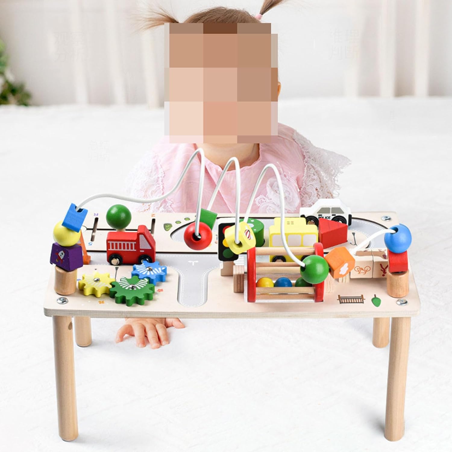 Montessori Wooden Activity Table, 6-in-1 Busy Board with Bead Maze, Car Track & Gears