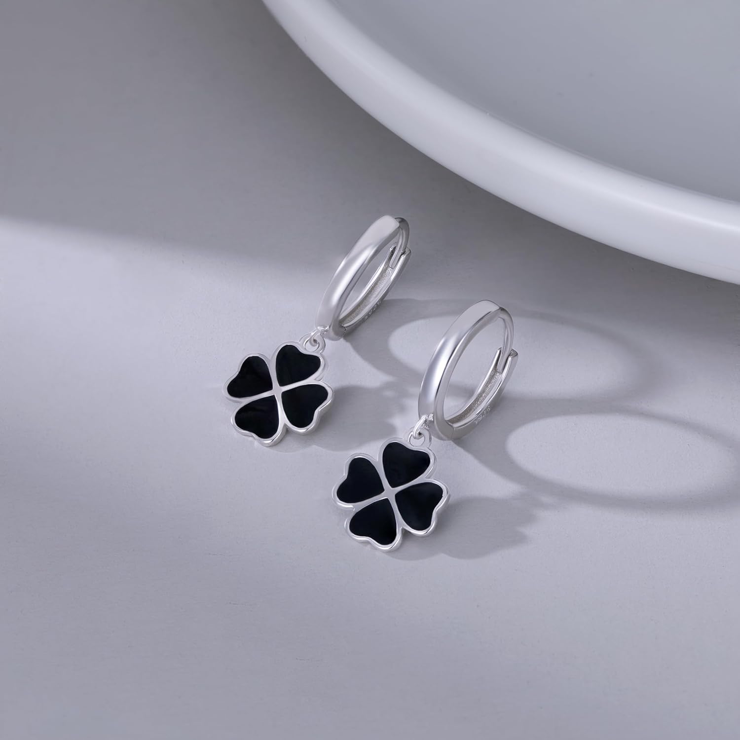 Reffeer Solid 925 Sterling Silver Clover Flower Drop Hoop Earrings for Women Teen Girls Black Flower Hoop Earrings Drops for Summer Spring - Image 5