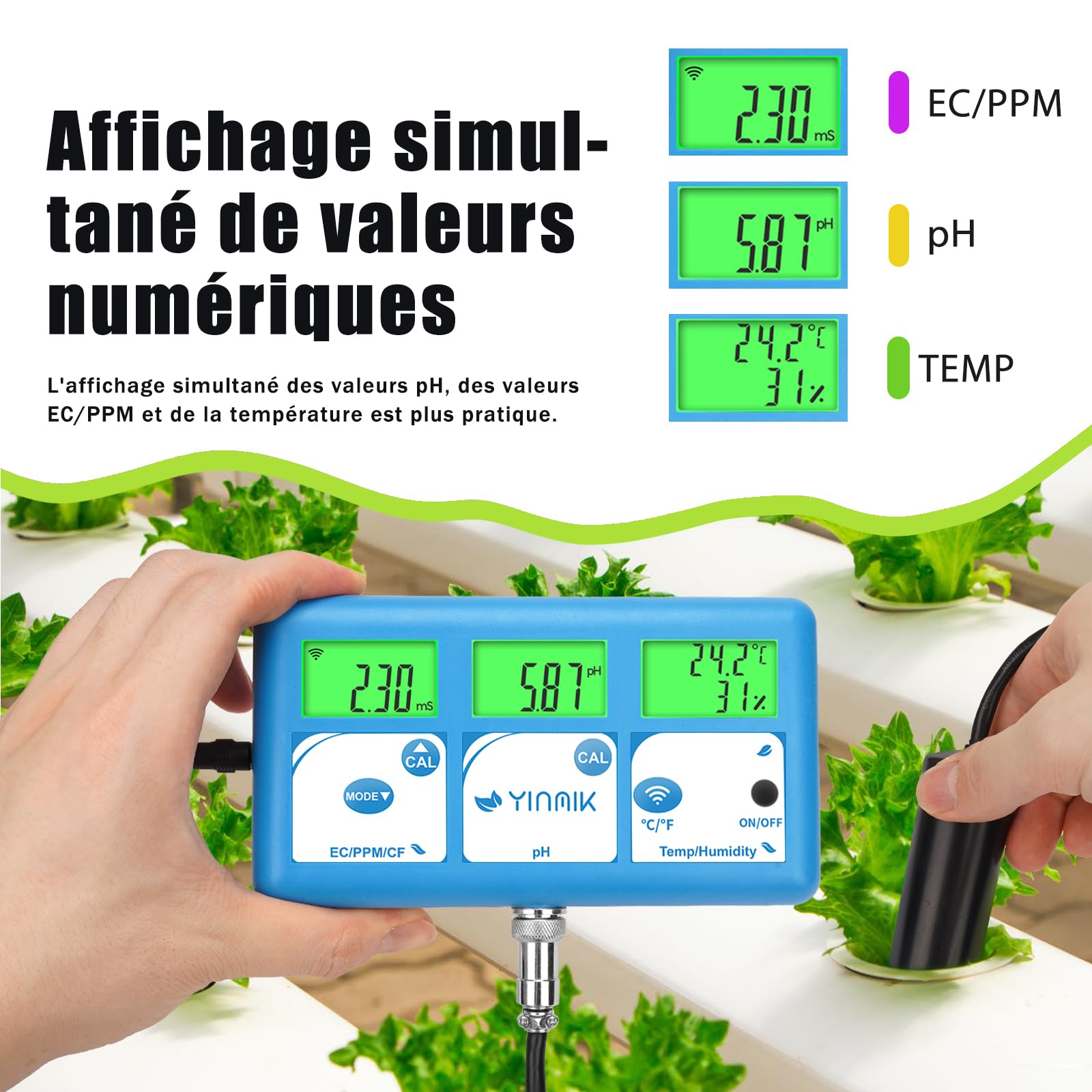 YINMIK Testeur Sel Piscine, Testeur de pH et Salinité Piscine avec Affichage Simultané, 5 en 1 Salinomètre, Testeur pH Conductivité Sel EC TDS Temp pour Aquarium, Spa, Eau Potable, Hydroponique Visite