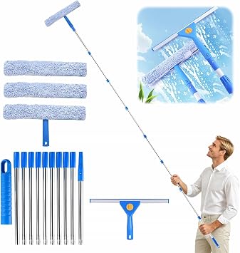 Window Cleaning Heavy Duty Glass Cleaning Equipment Versatile Washing Kit | Professional Window Squeegee & 3 Microfiber Cloth Scrubber & 10 Sectional Pole 3.82m for Outdoor Home Use