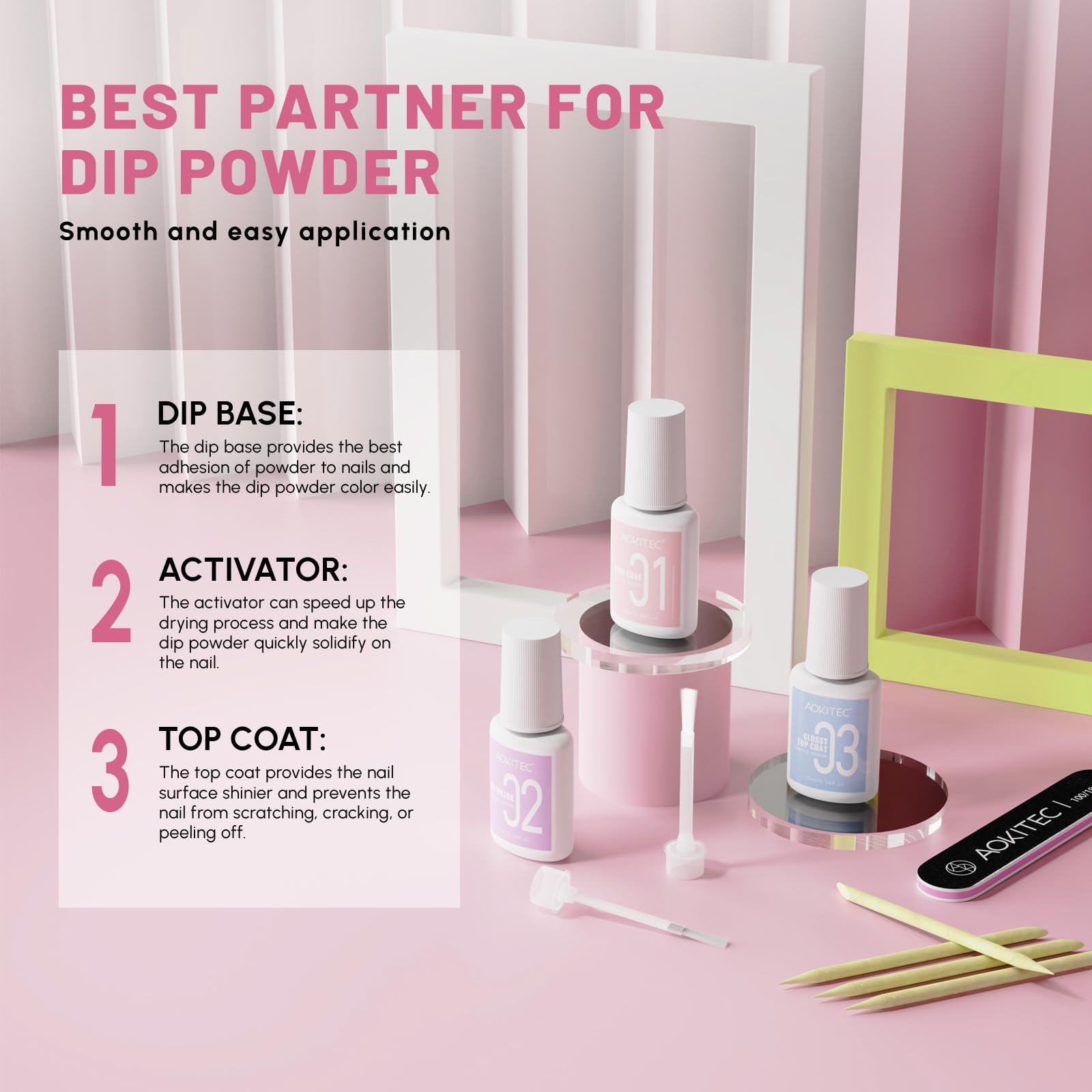 Aokitec Kit de uñas en polvo de inmersión, 15 piezas, polvo de inmersión rosa con activador de base líquida de inmersión, gel superior para iniciación de manicura, regalo para mujeres y niñas