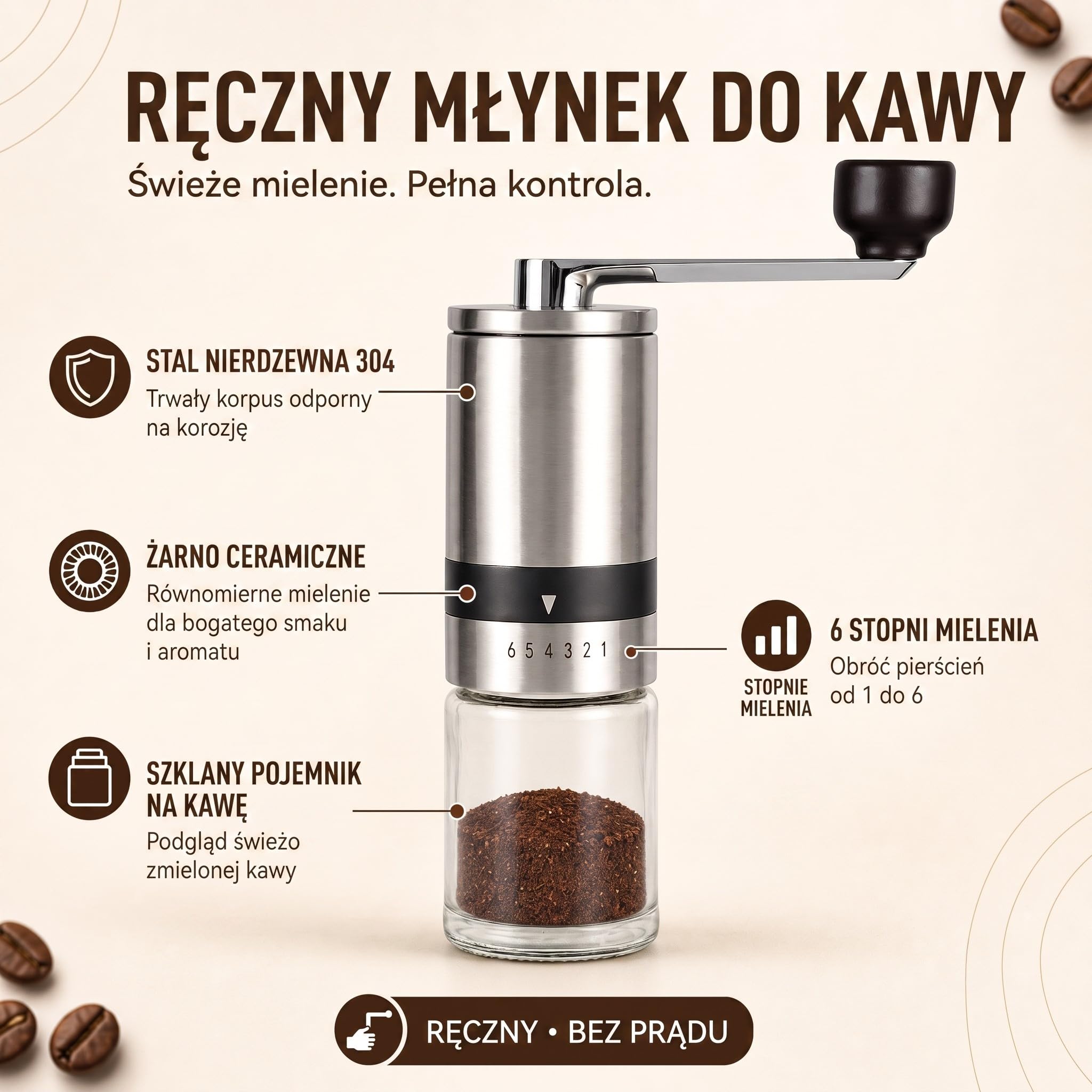 Ręczny młynek do kawy z 2 szklanymi pojemnikami, stal nierdzewna, ceramiczny mechanizm mielący do espresso, do kawy filtrowanej, francuskiej prasy na kemping (srebrny, z 2 pojemnikami)