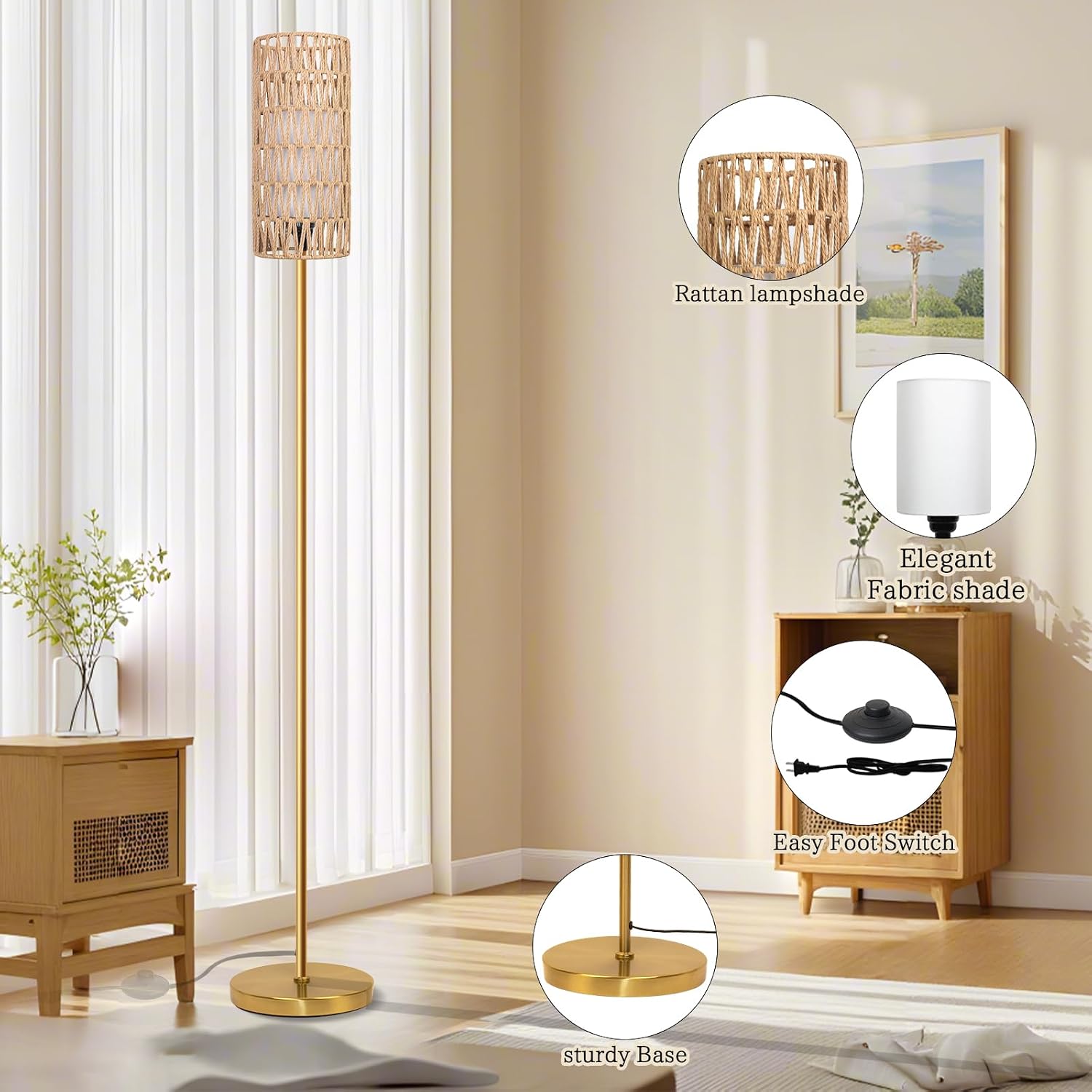 Ruiever Floor Lamp for Living Room,Farmhouse Floor lamp,Modern Standing lamp with Hand-Worked Rattan Shade (Round Rattan Shade Gold Color-3 Color Bulb)