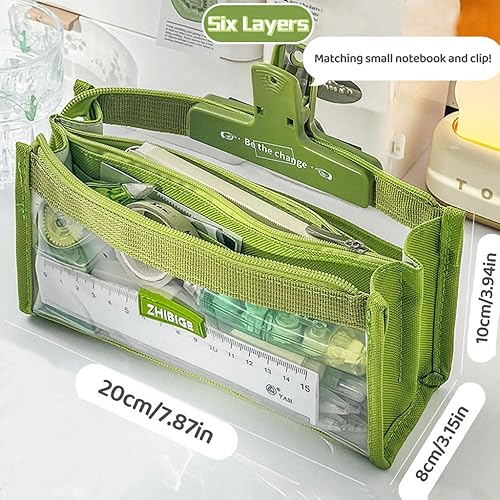 Miniatura 7 de Estuche transparente para lápices estéticos, suministros escolares, estuche grande y lindo para niñas, estuche estético (morado, 6 capas, con clip y