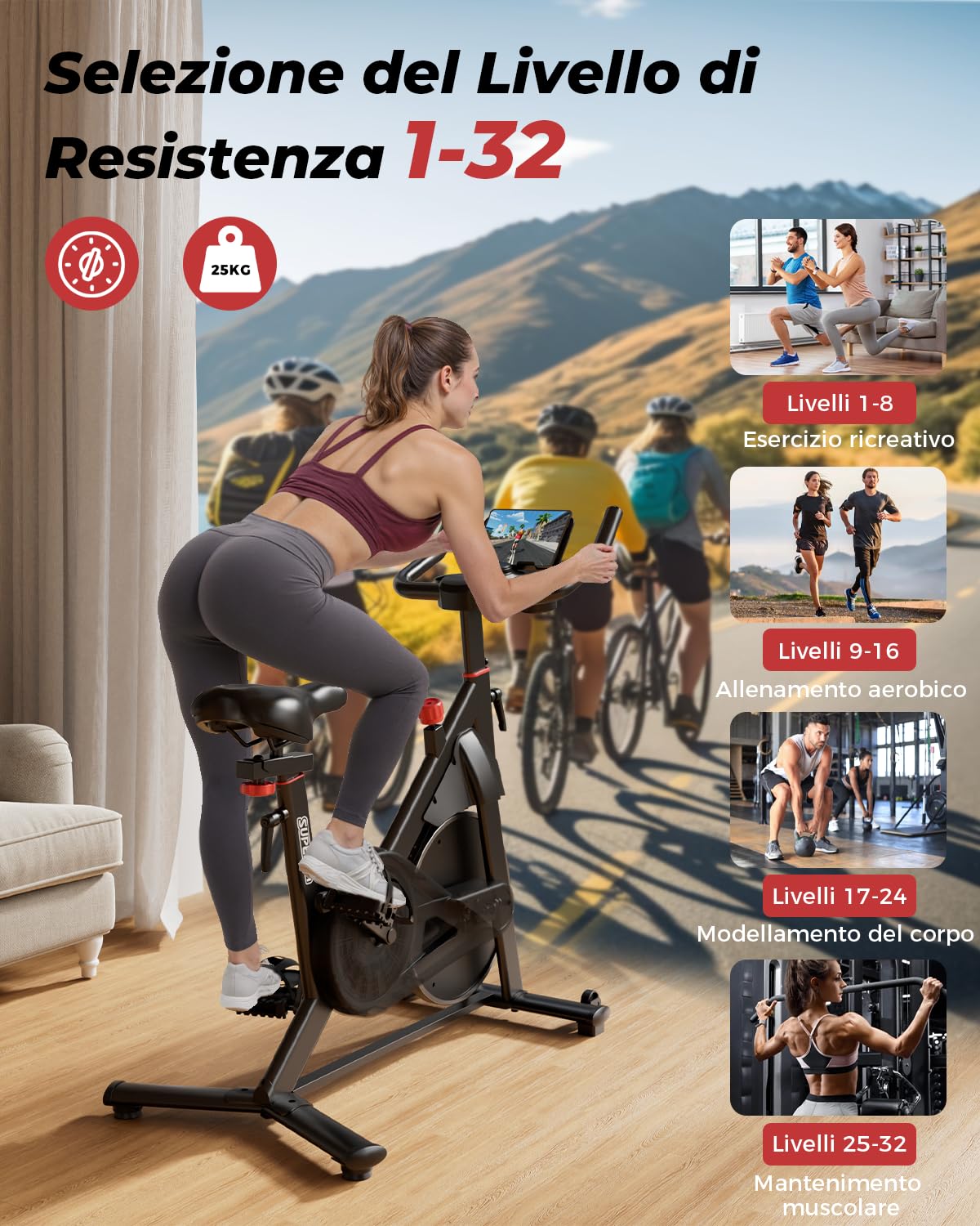 Superun Cyclette da Casa Magnetica a 32 Livelli, Cyclette per Casa Controllo APP, Cycletta Spinning Ultra Silenziosa, Spin Bike Sedili Comodi e Traspiranti, Aerobico Domestico, Supporto fino a 136KG