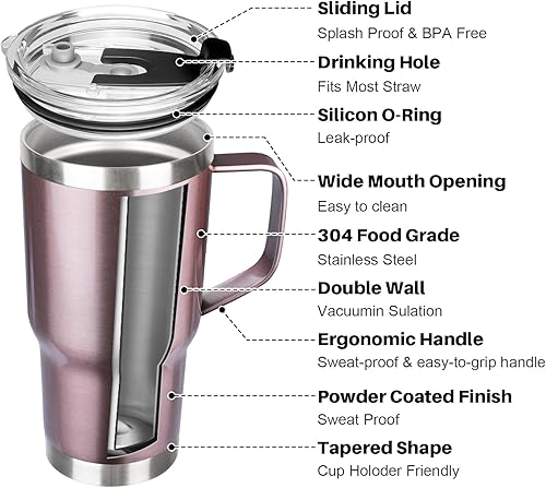 Miniatura 10 de Vaso de 20 onzas con asa, vasos aislados de acero inoxidable con tapa y popote, vaso aislado al vacío de doble pared, a prueba de fugas, taza de
