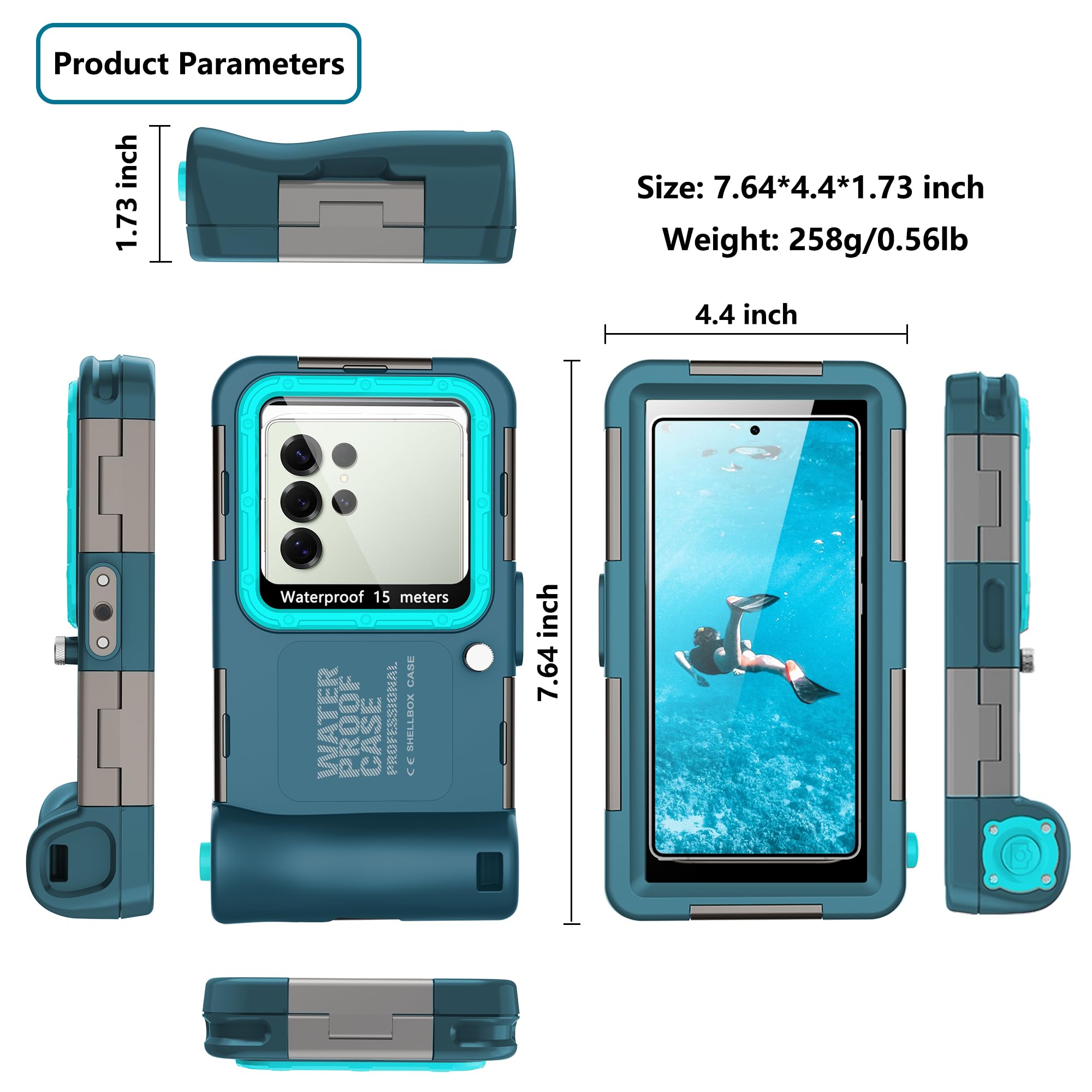 Funda de buceo compatible con Samsung Galaxy S25/S24/S23/S22 todas las series, carcasa de buceo Android (botón de volumen del teléfono a la derecha), funda impermeable universal profesional