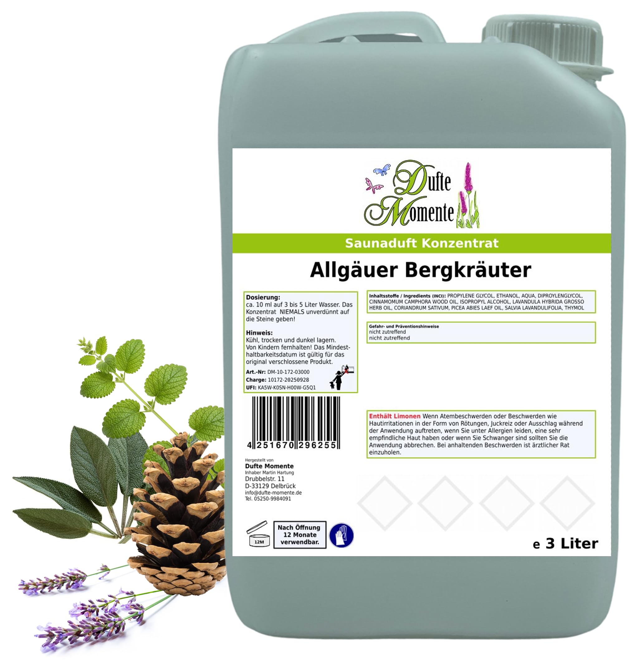 Dufte Momente Saunaaufguss-Konzentrat Allgäuer Bergkräuter – 3 Liter – aromatisch & belebend – geprüfte Qualität – konzentriert & ergiebig – vegan & Made in Germany
