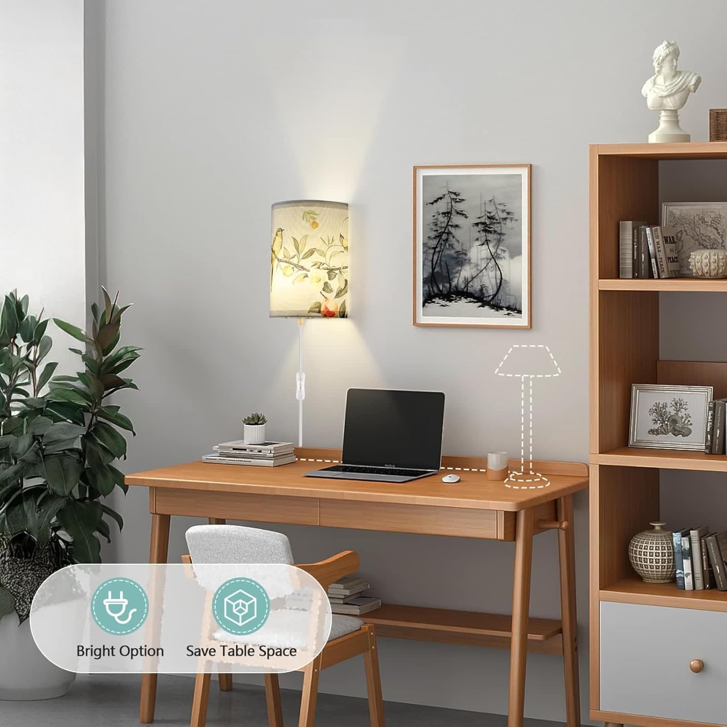 Wall Sconces Set of Two Plug in, Fabric Wall Lamp with On/Off Switch, Plug in Sconce with Floral and Bird Print, Rustic Bedside Sconces Decor for Bedroom, Living Room, Blue(Bulb not Include)