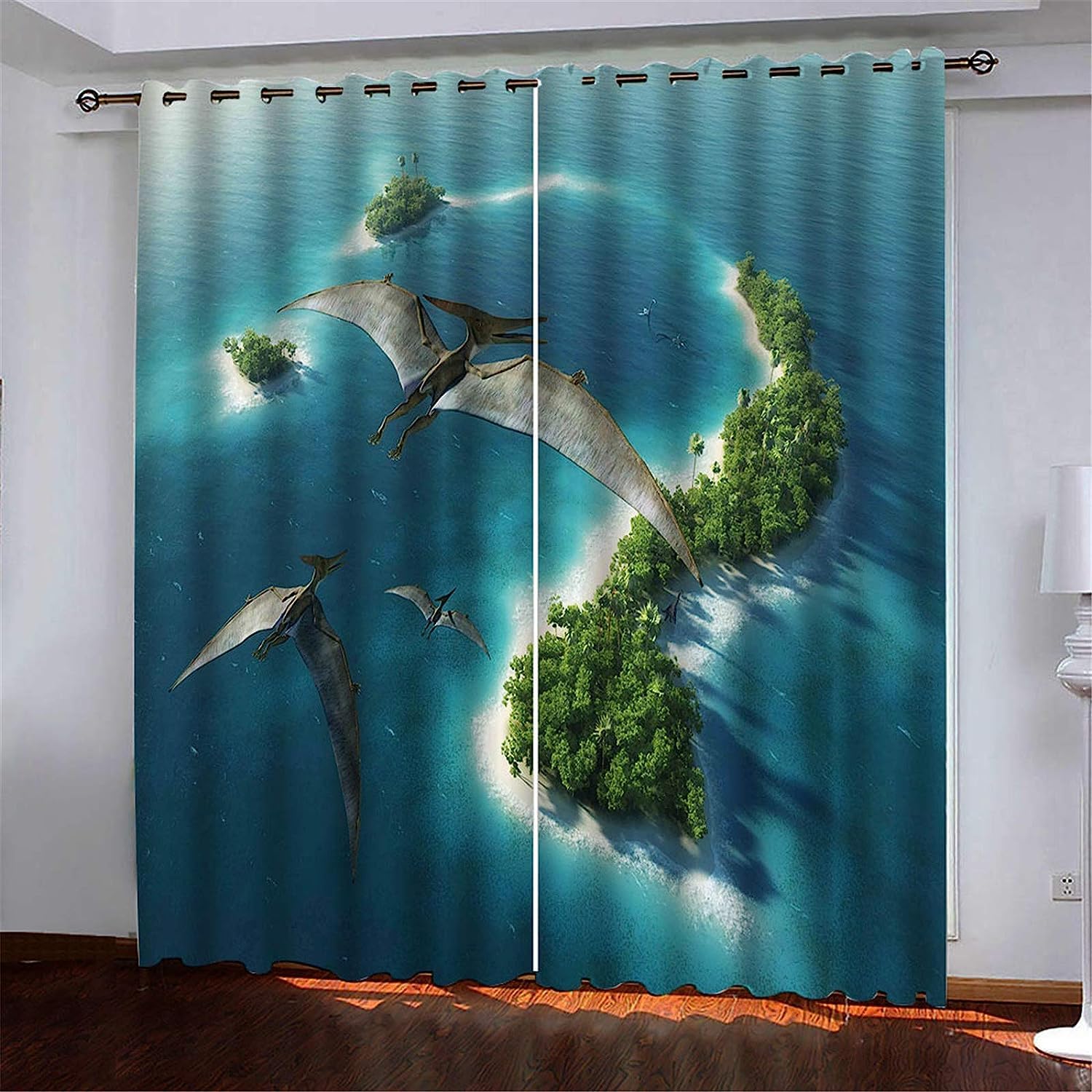 2Pcs Cortinas Opacas Grueso Suaves Evitar Rayos UV La Luz Isla del Océano De Dinosaurios Cortina para Dormitorio De Niños Salón Cortinas con Ojetes