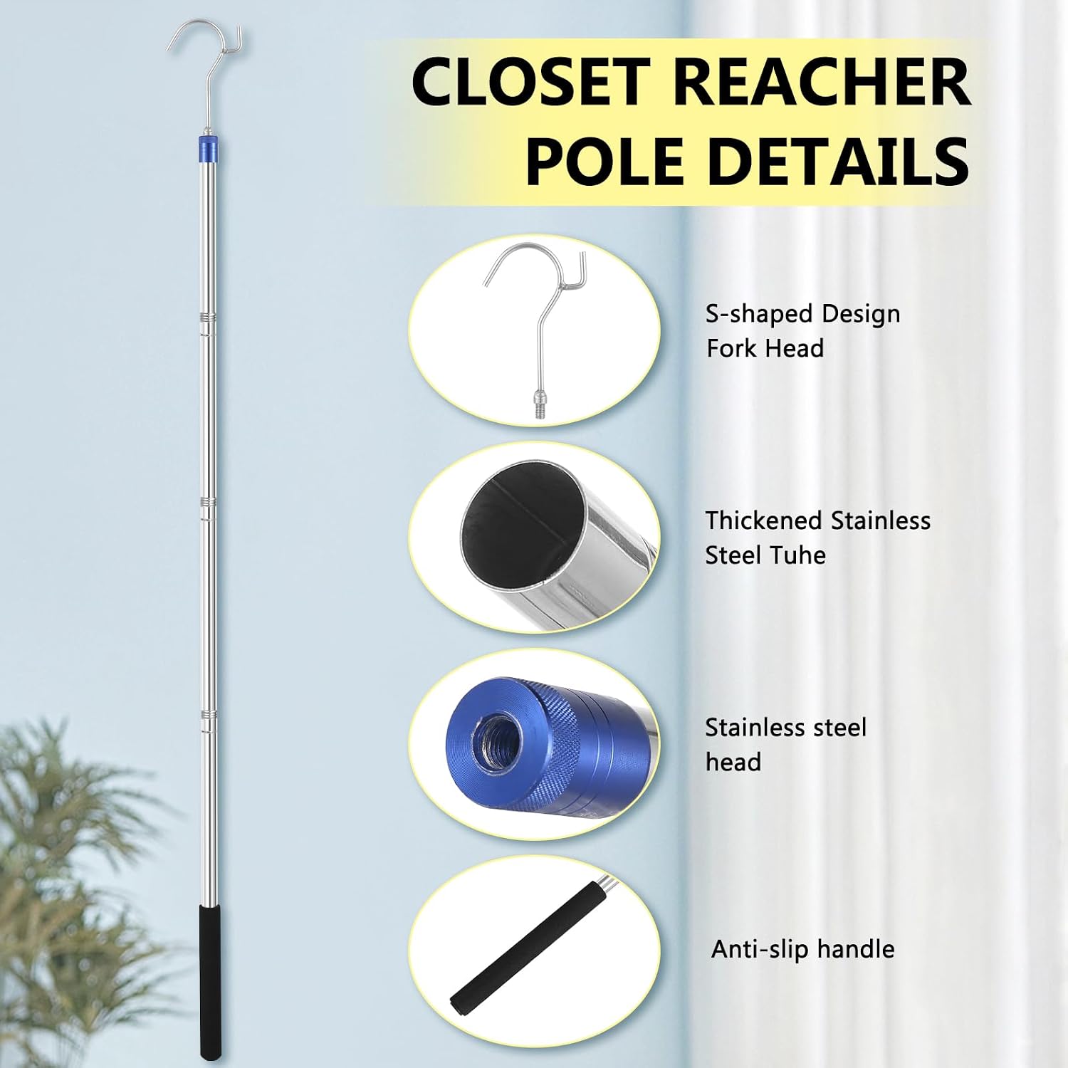 Clothes Hook Pole, Clothes Hanger Reaching Hook - Adjustable